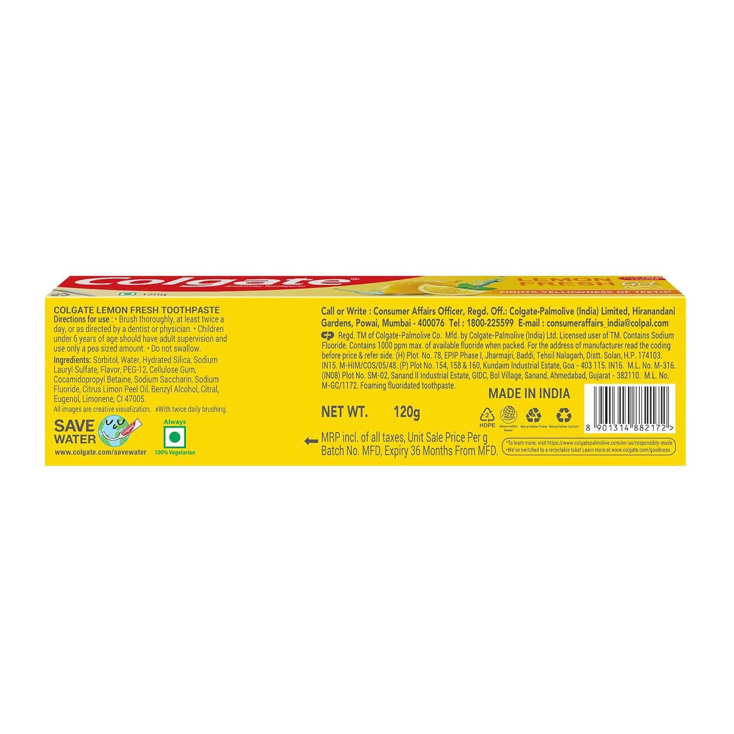 Colgate Lemon Fresh Gel Toothpaste | Tooth Paste Fights Yellowness of Teeth | Colgate Paste Toothpaste with New Fresh Flavor (120gm)