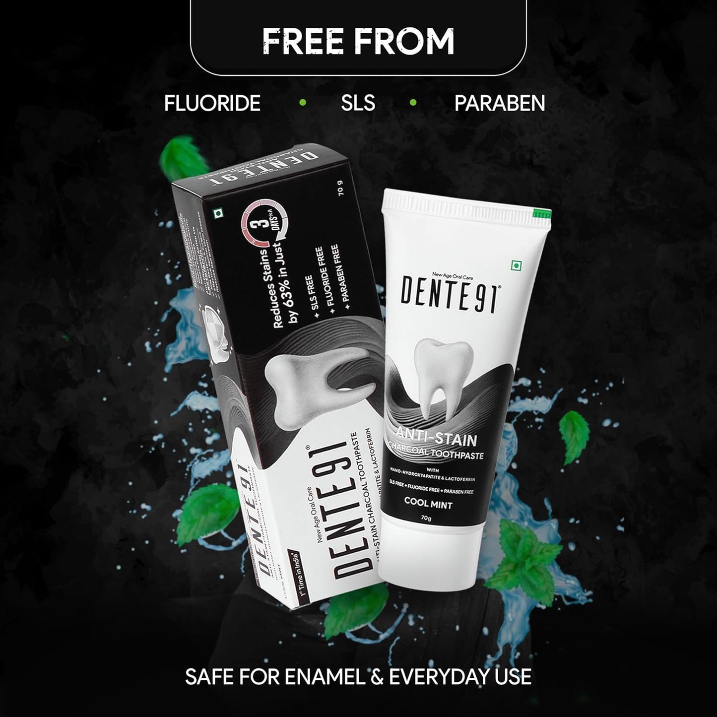 Dente91 Anti-Stain Charcoal Toothpaste for Stain Removal & Teeth Whitening, Protects against Dental Caries & Strengthens Enamel, Reduces 63% stains, Whitens teeth by 80% in just 3 days, 70g
