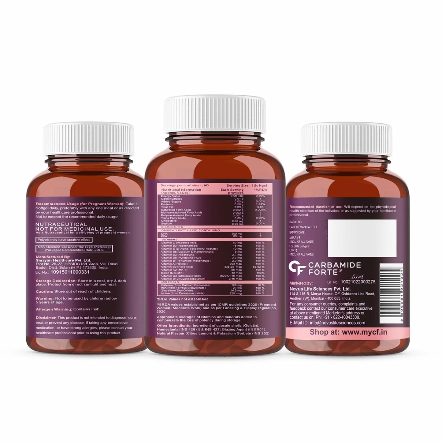 Three brown supplement bottles with white labels on a white background