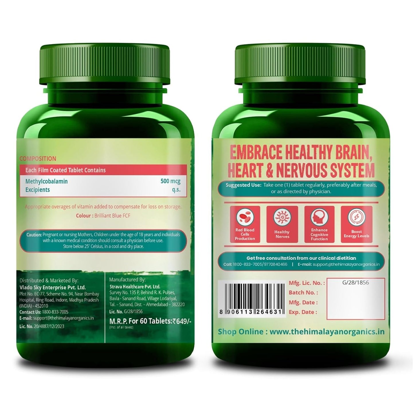 Vlado's Himalayan Organics Vitamin B12 Supplements 500 mcg - Methylcobalamin B12 Vitamin Tablets for Men & Women - 60 Veg Tablets