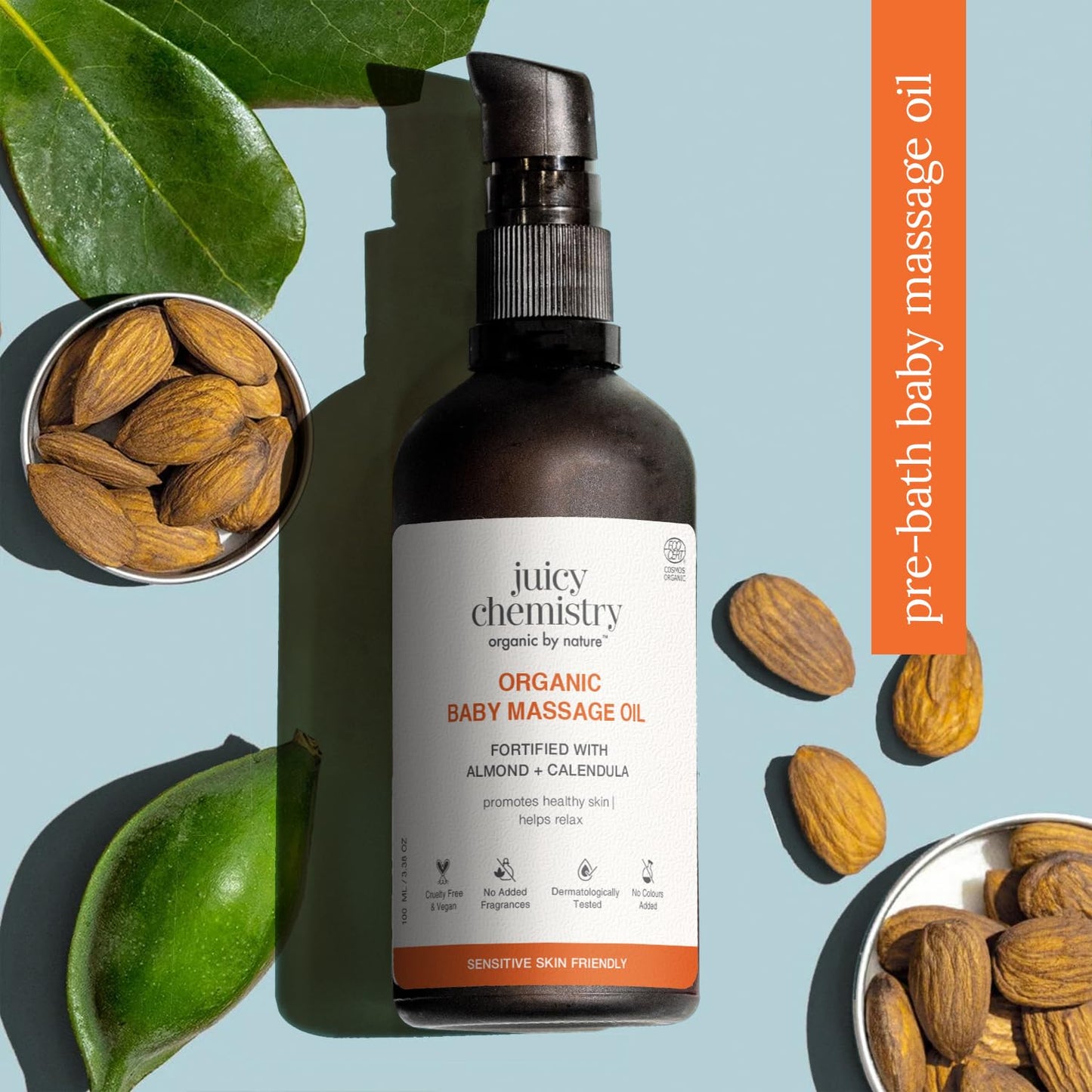 Juicy Chemistry Organic Baby Massage Oil with Almond + Calendula, 100 ml | Moisturises & Nourishes Skin | Soft & Smooth Skin | Dermatologically Tested | Certified Organic | Non-Toxic & Safe for Newborns