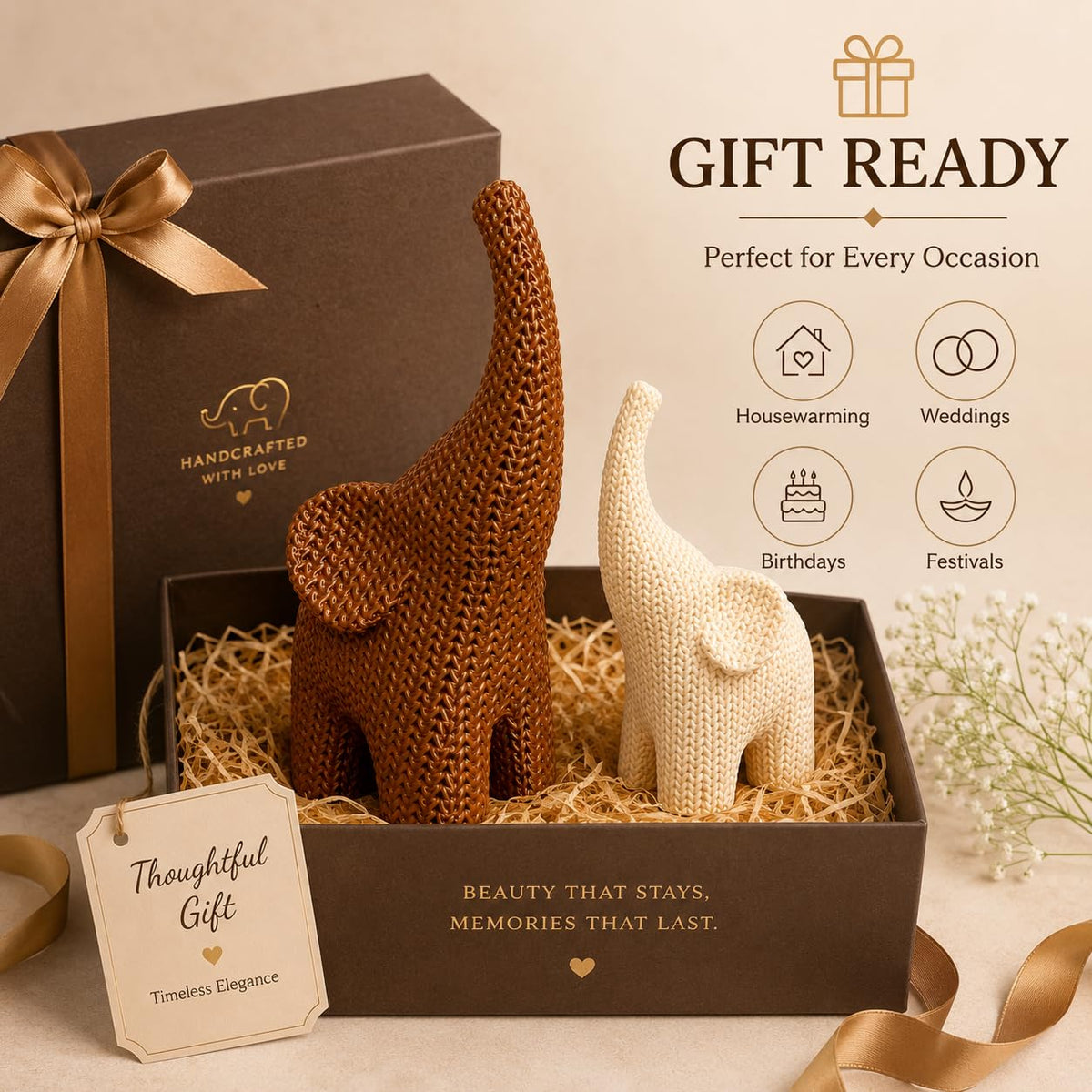 Nordic Knitted Elephant Figurine Set of 2 | Home Decor Showpiece