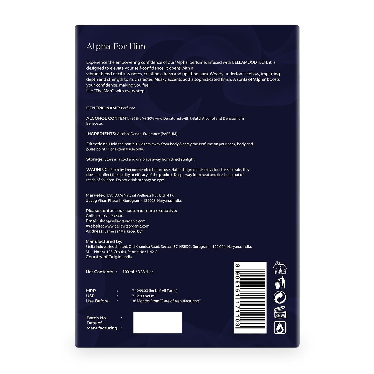 Back label of a perfume bottle with text and product details on a white background