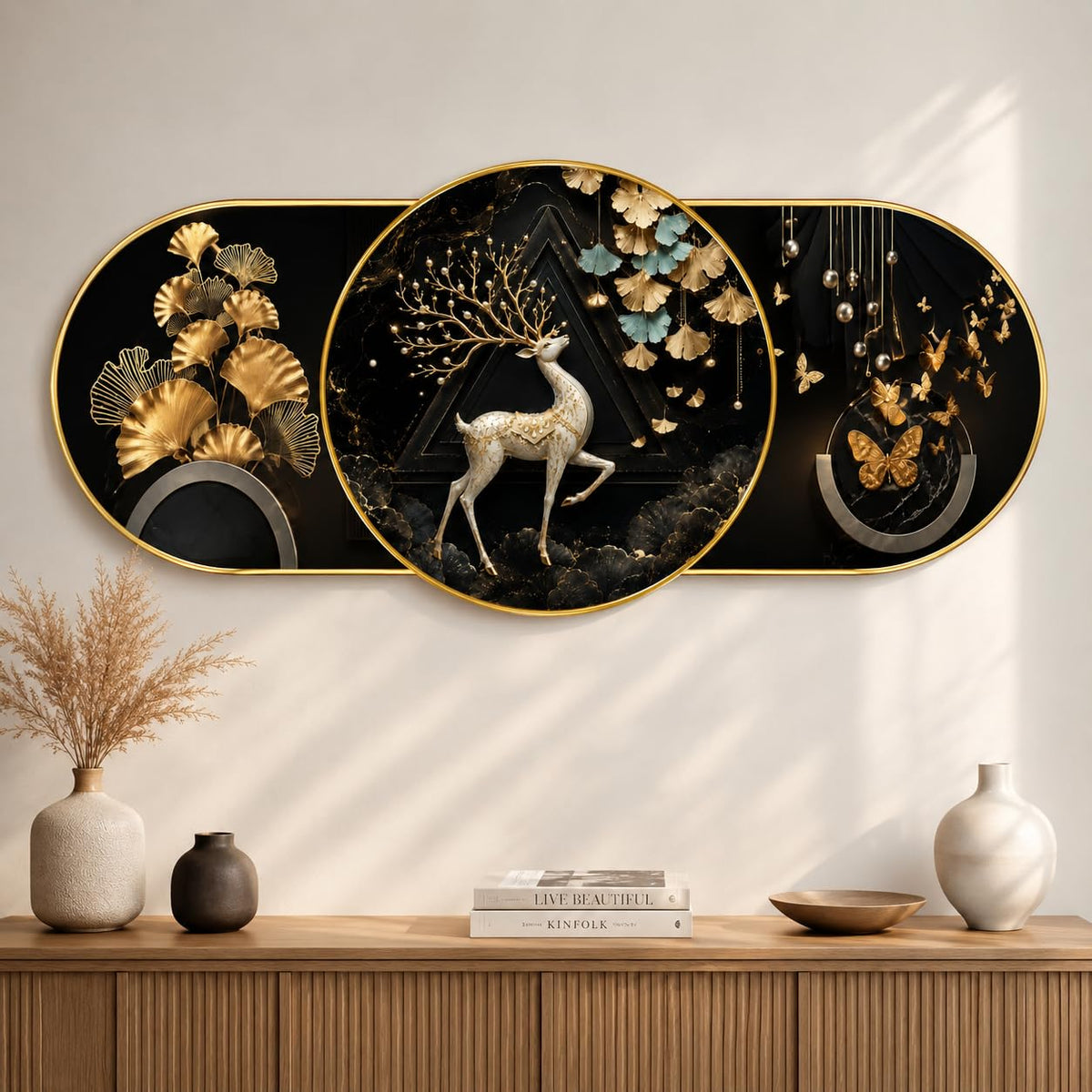 Golden Deer & Butterfly Wall Painting for Living Room Bedroom Decor, Black Gold Floral Round Art with Premium PVC Golden Frame (16 x 35 Inch)