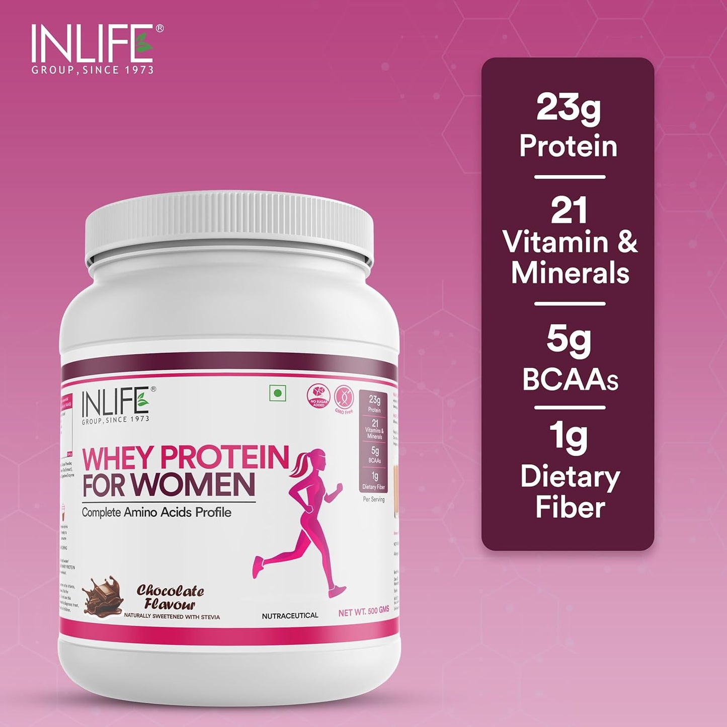INLIFE Whey Protein Powder for Women | Ayurvedic Herbs, 23g Protein, 21 Vitamins Minerals, Omega 3 6, Digestive Enzymes, Hair Skin Nails 500g (500g, Chocolate)