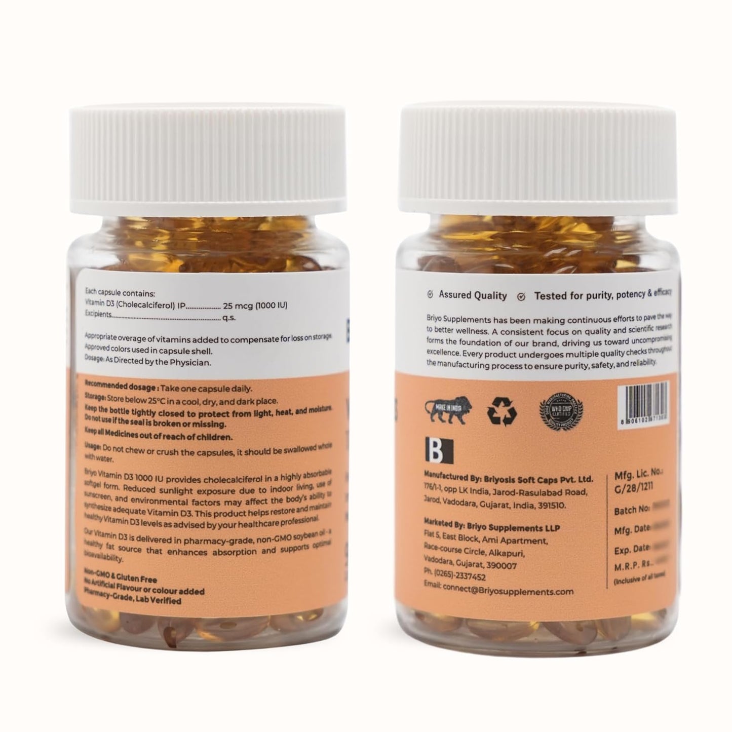 Two bottles of supplements with labels on a white background