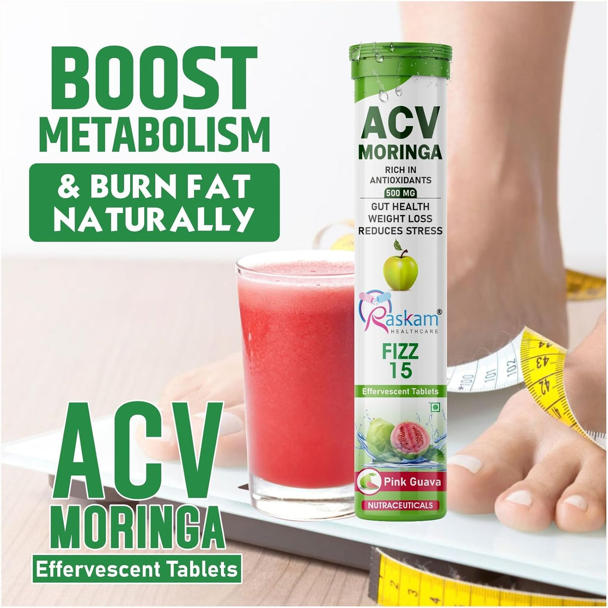 ACV Moringa supplement bottle with a glass of juice and measuring tape on a light background