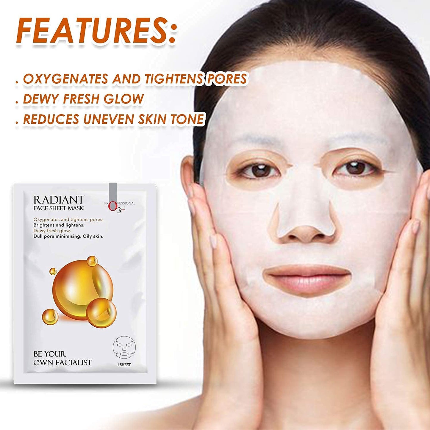 O3+ Facialist Radiant Face Sheet Mask for Oxygenates and tightens pores to reduce uneven skin tone