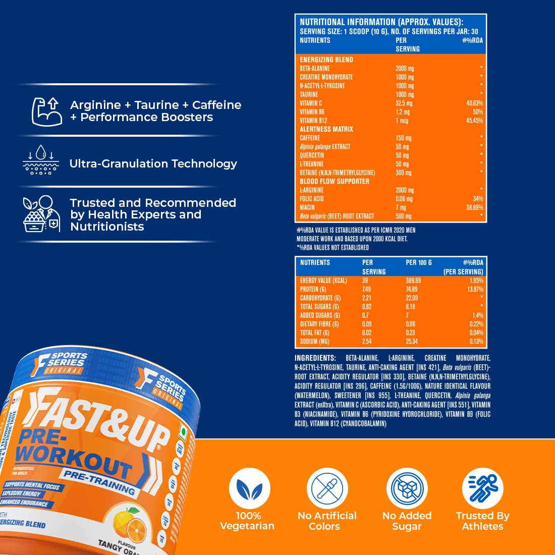 Fast&Up pre-workout supplement packaging with nutritional information and product details on a blue and orange background.