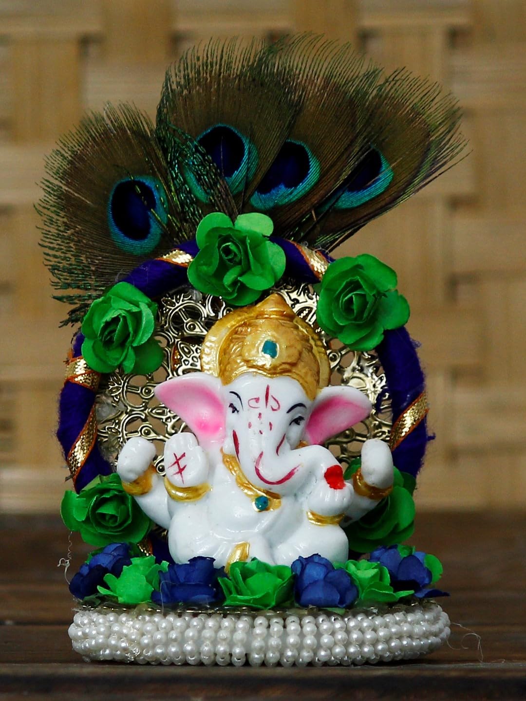 Resin Handcrafted Lord Ganesha Idol on Peacock Feather Floral Designer Plate, Divine Home Decor for Pooja Room, Car Dashboard | Gift for Diwali, Ganesh Chaturthi, Spiritual Enthusiasts