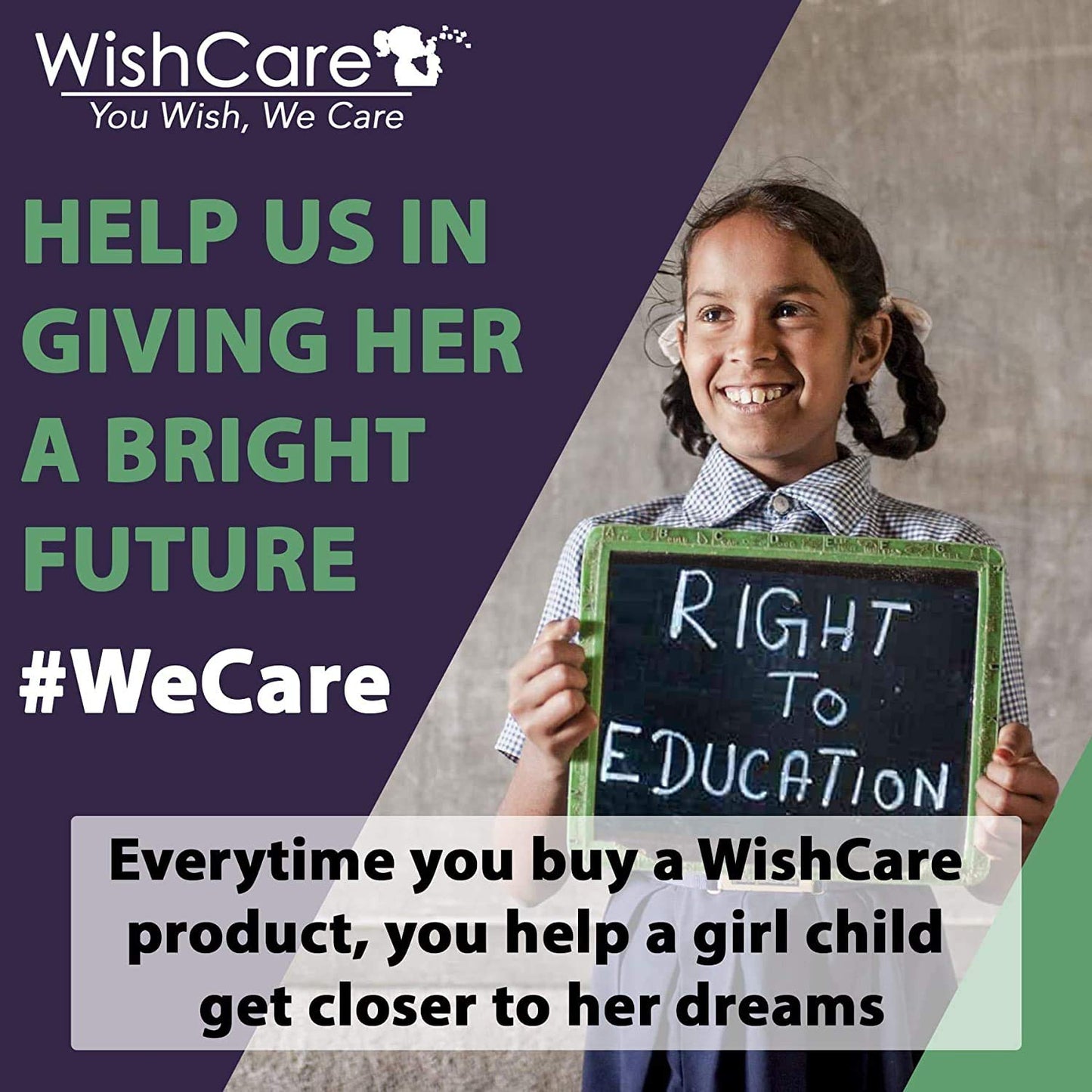 Girl holding a sign with 'Right to Education' and promotional text for WishCare on a gradient background.