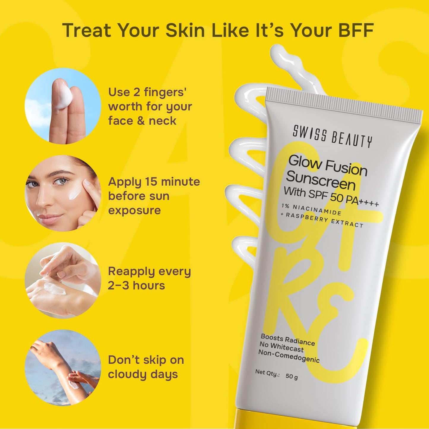 Swiss Beauty Care Glow Fusion Sunscreen SPF50 PA++++ | 1% Niacinamide & Raspberry Extract | Boosts Radiance | Fights Premature Signs Of Aging | 50gm