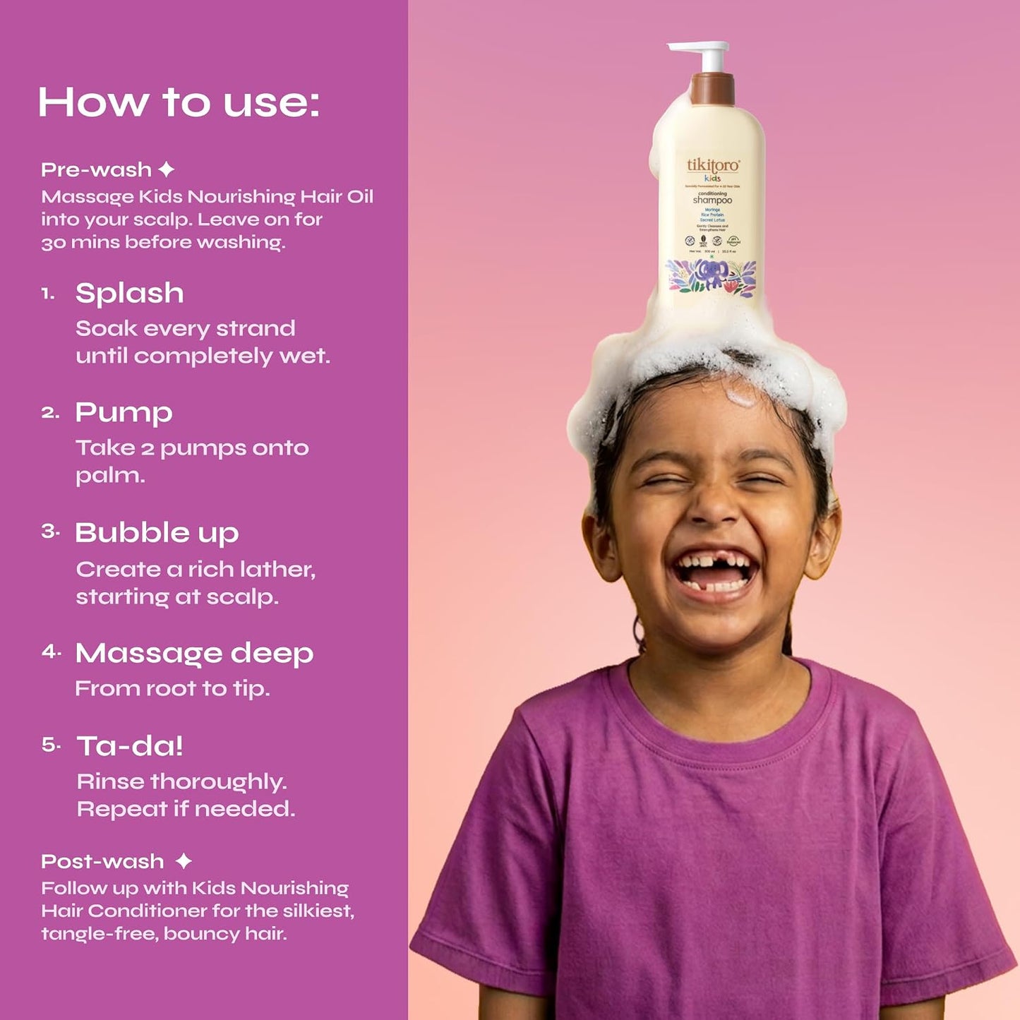Tikitoro Kids Conditioning Shampoo for 4-10 years | pH 5.5 & Allergen-Free | Moringa, Rice Protein, Sacred Lotus Extract | No Parabens or Sulfates | 100% Vegan (300ml x 1)