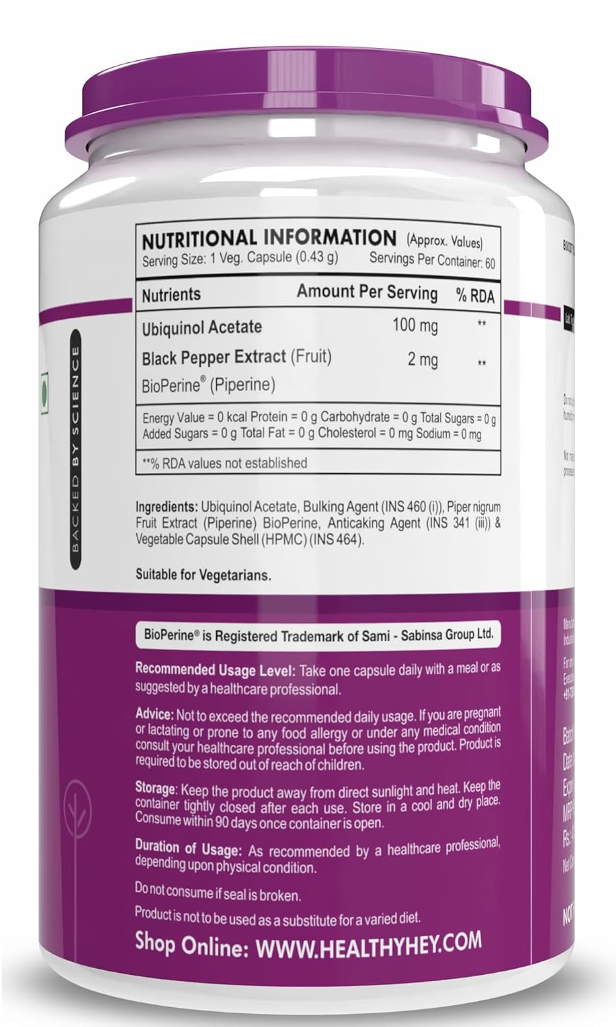 Supplement container with purple lid and label on a white background