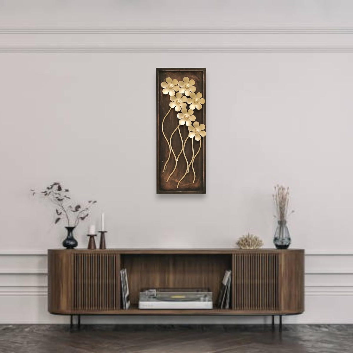 Premium Golden Floral Metal Wall Decor with Antique Brown Rectangular Frame | 3D Flower Wall Art Hanging for Living Room, Bedroom, Hallway & Home Decoration