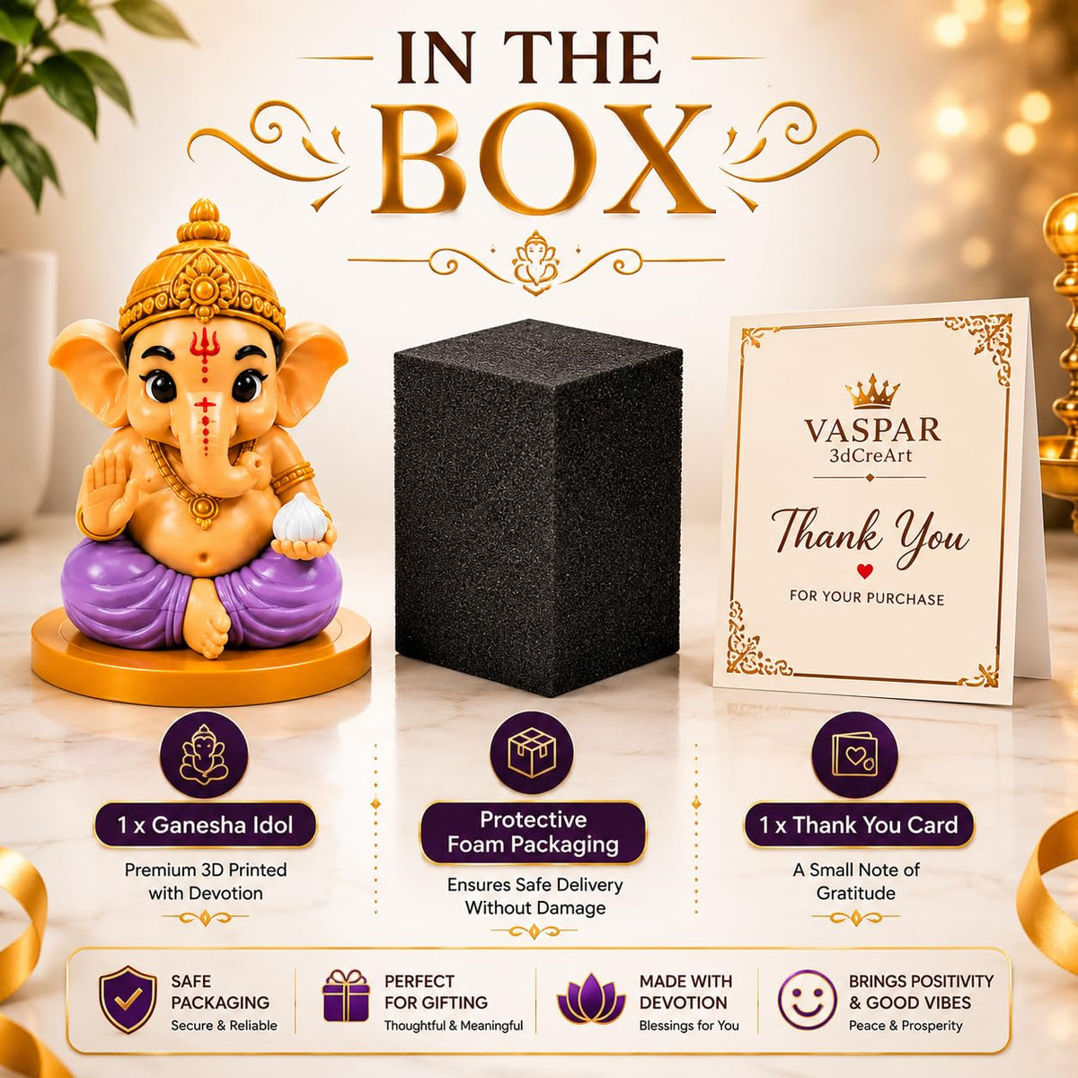 VASPAR Cute Baby Ganesha Idol for Car Dashboard | Premium Lord Ganesh Murti | Mini Ganpati Statue for Home Decor, Office Desk & Pooja Room | Spiritual Gift | Lavender