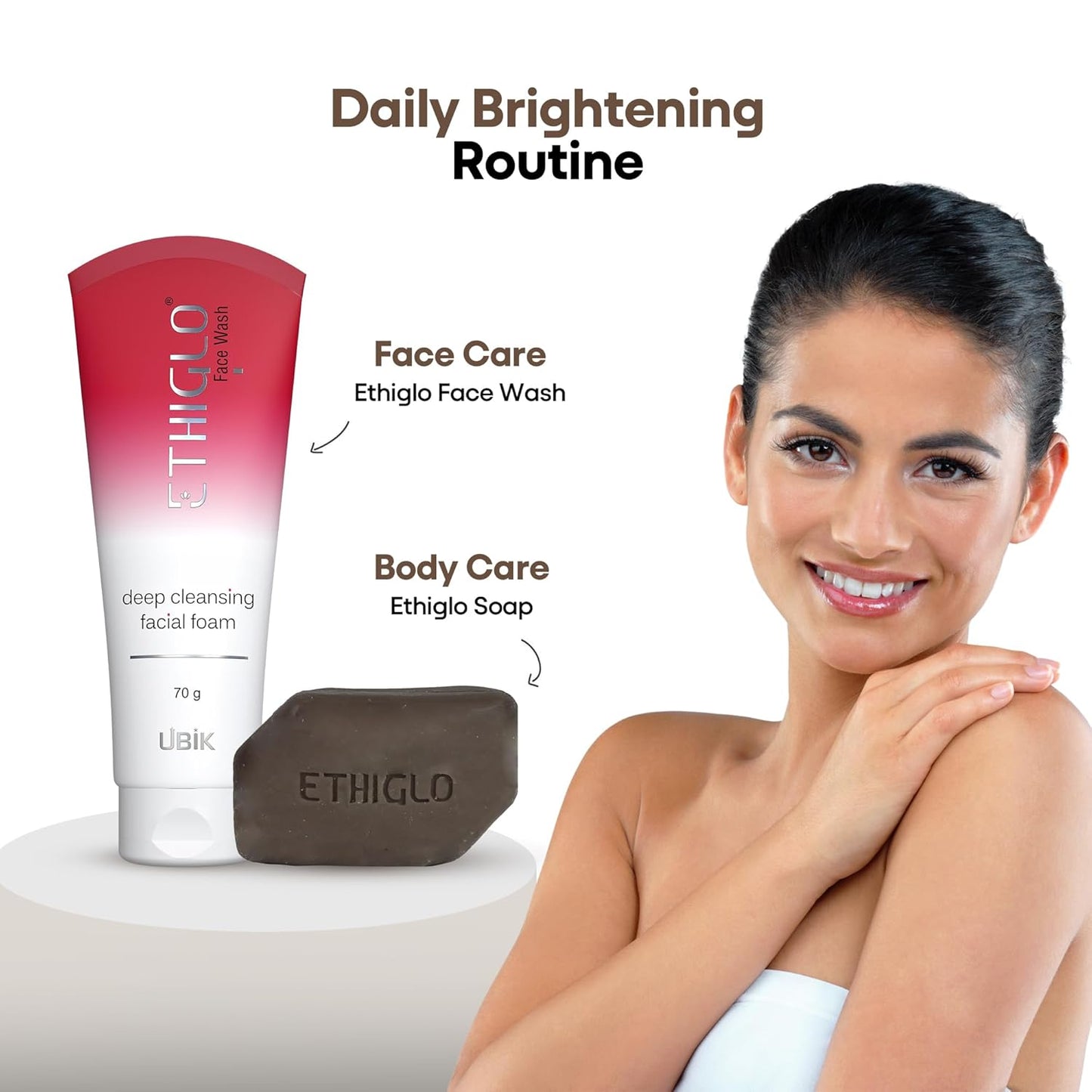 Ethiglo face wash and soap with a model showing a daily brightening routine.