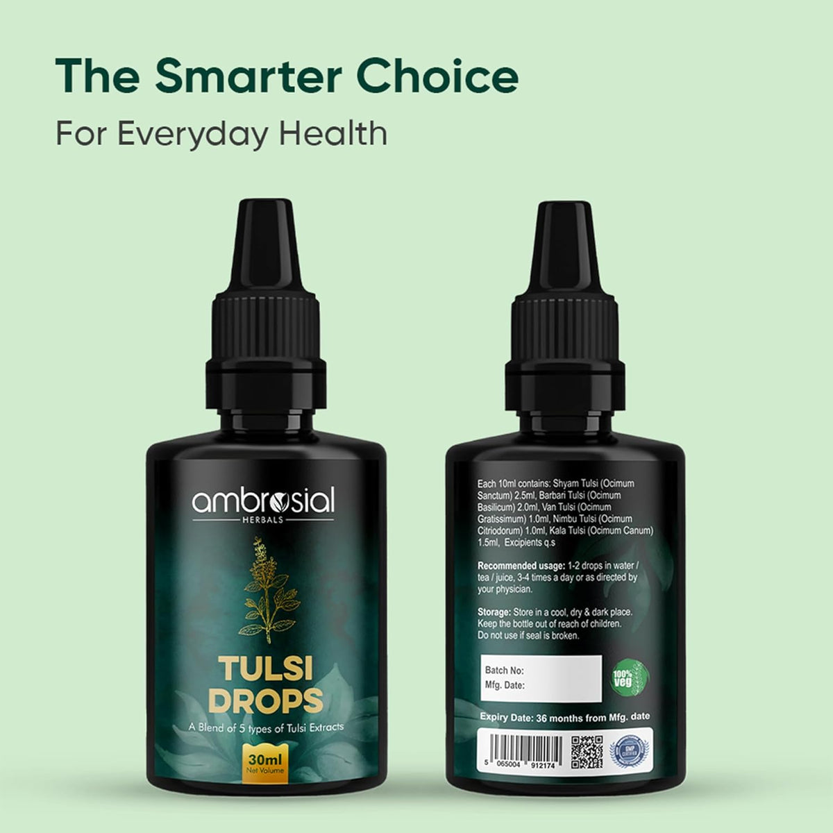 Two bottles of ambrosial Tulsi Drops on a light green background with text 'The Smarter Choice For Everyday Health'.