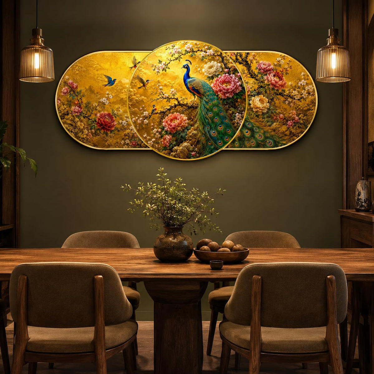 Royal Peacock & Floral Garden Wall Painting for Living Room Bedroom Dining Hall Decor, Golden Nature Birds Round Art with Premium PVC Golden Frame (16 x 35 Inch)