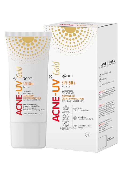Ipca ACNE-UV Gold SPF 50 Sun Protection Gel | Advanced UV Defense | Fast-Absorbing & Comfortable Wear | 50g