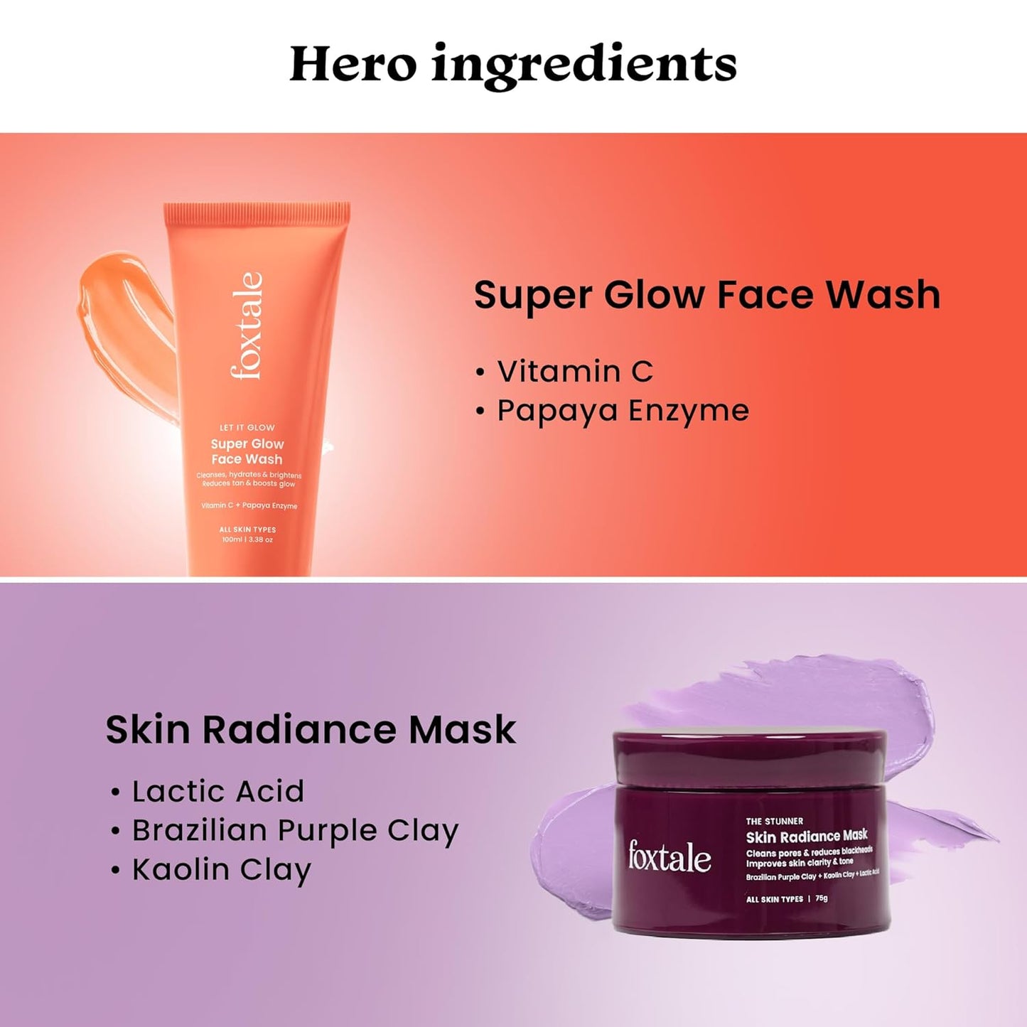 Foxtale Detan and Glow Duo – Face Wash + Skin Radiance Mask | Removes Tan, Brightens, Unclogs Pores | With Vitamin C, Papaya Enzyme, Lactic Acid & Clay | For Radiant, Even-Toned Skin