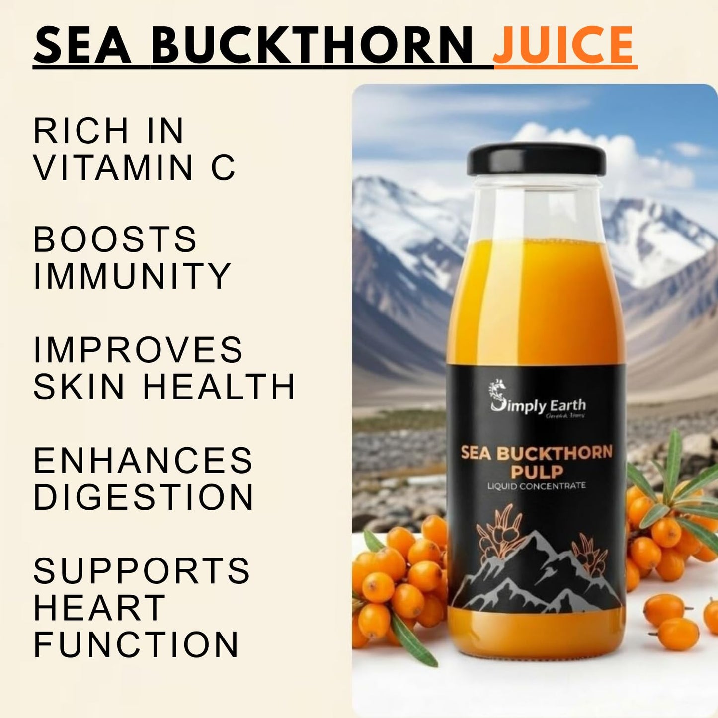 Simply Earth Sea Buckthorn Pulp Liquid Concentrate, Rich in Omega 3-6-7-9, Vitamin C & Antioxidants, Superfood for Immunity, Skin & Heart Health, 300 ML