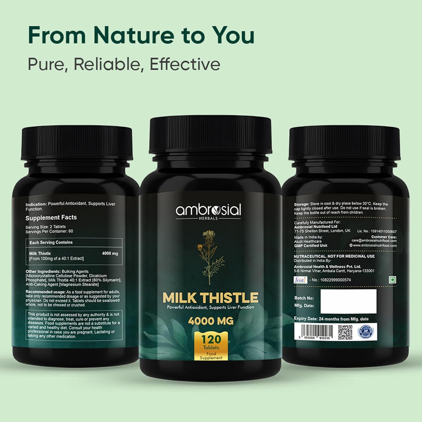 Three bottles of ambrosial Milk Thistle 4000 MG supplement on a light green background.
