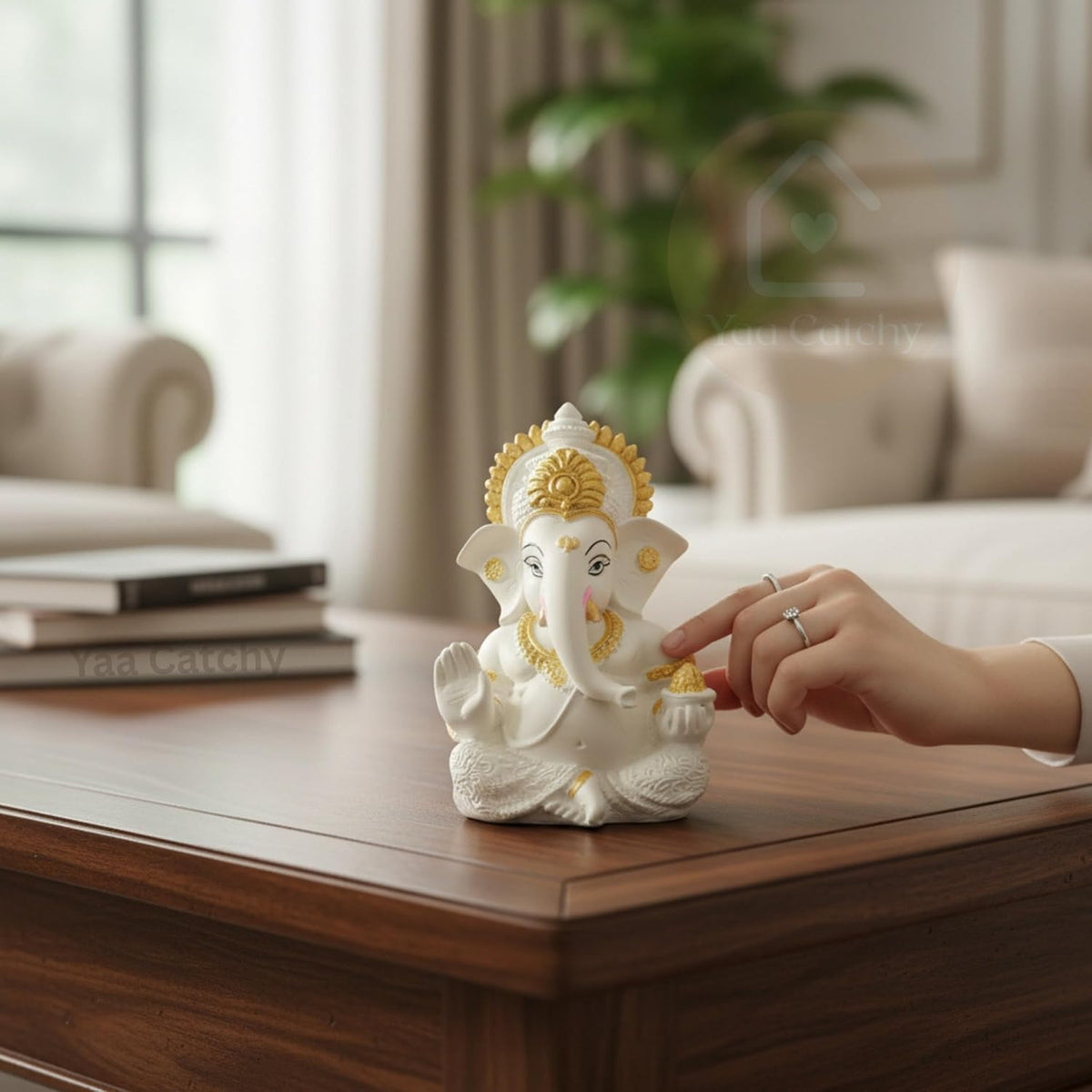 Yaa Catchy White & Gold Ganesha Idol Car Dashboard Idol Ganesha Murti Ganpati Idol for Home Decor Pooja Lord Ganesh Statue Gift for Office Desk Pooja Room (Ganesha Resin White & Gold)