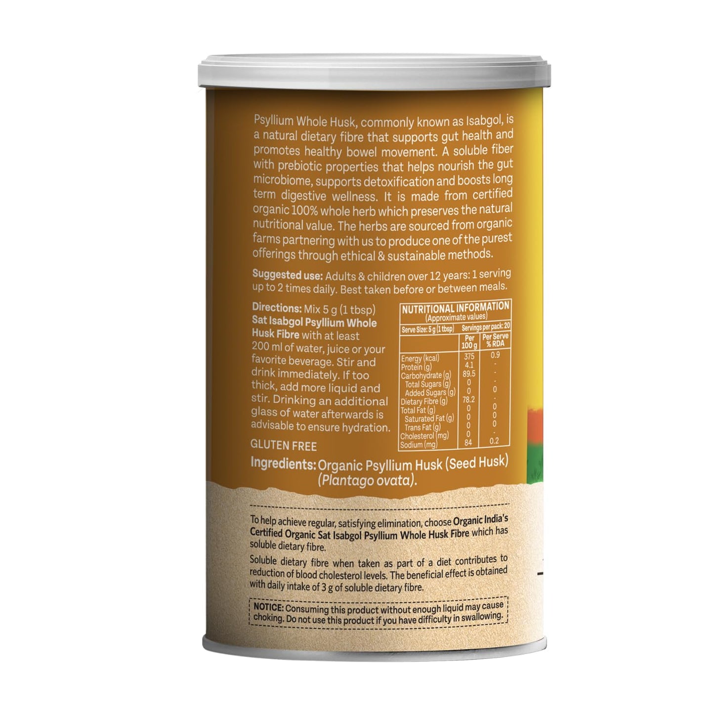 A TATA Product - Organic India Sat Isabgol Psyllium Whole Husk Powder - 100g, With Dietary Fiber, Supports Heart Health & Digestive System, Gluten Free, Non-GMO Project Verified, NPOP & USDA Certified