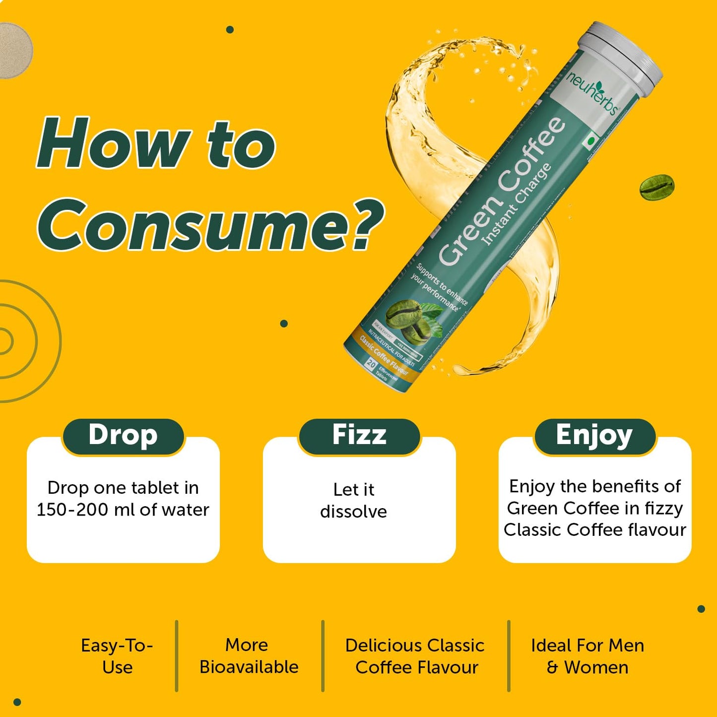 Neuherbs Plant Based Green Coffee Instant Charge in Classic Coffee Flavour 20 effervescent tablets | Boost Metabolism | Natural Caffeine