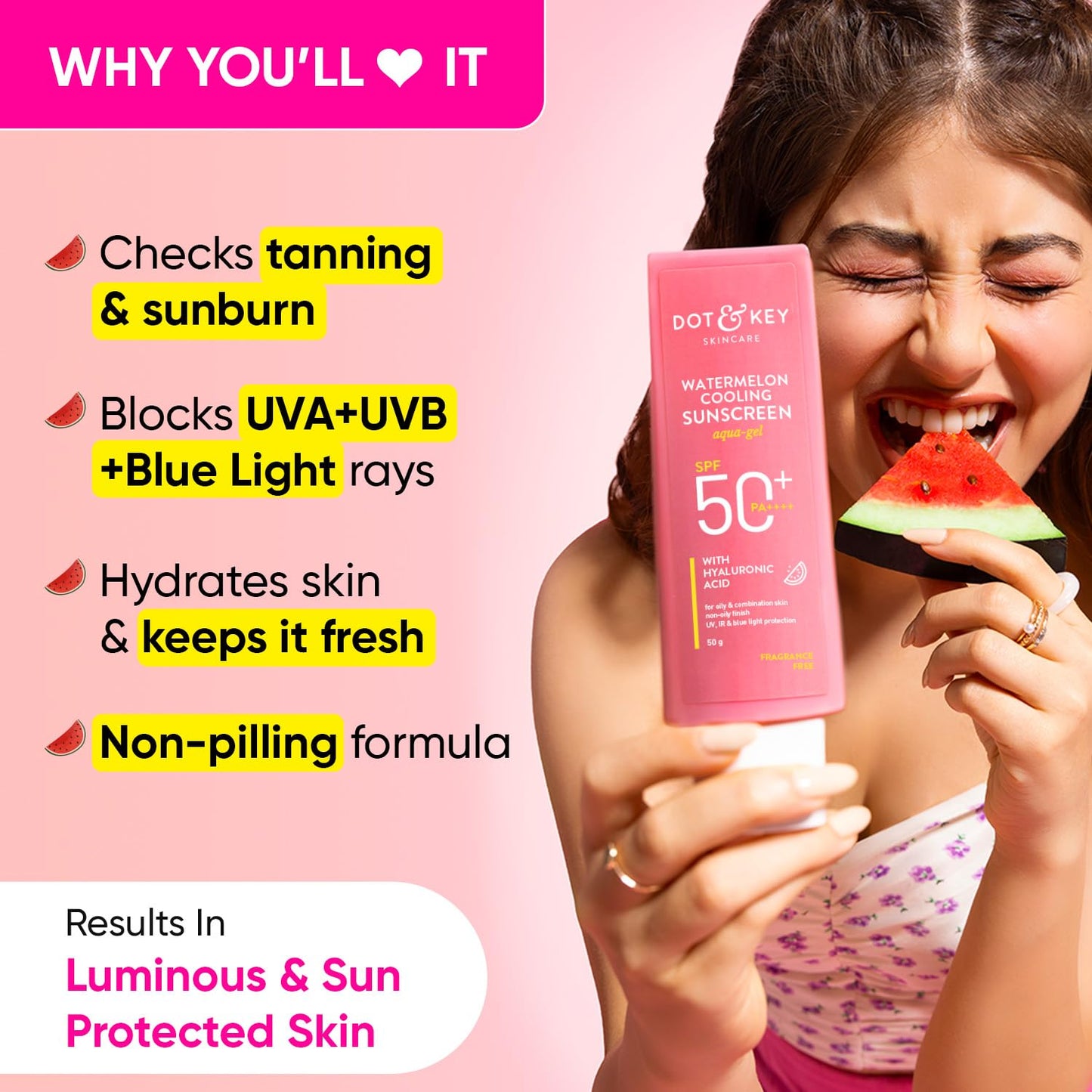 zephivo Dot & Key Watermelon Hyaluronic Sunscreen SPF 50 PA+++| for Oily, Normal & Combination Skin | UV + Blue Light Protection | Lightweight | No White Cast | Boosts Vitamin D Absorption | 50g…
