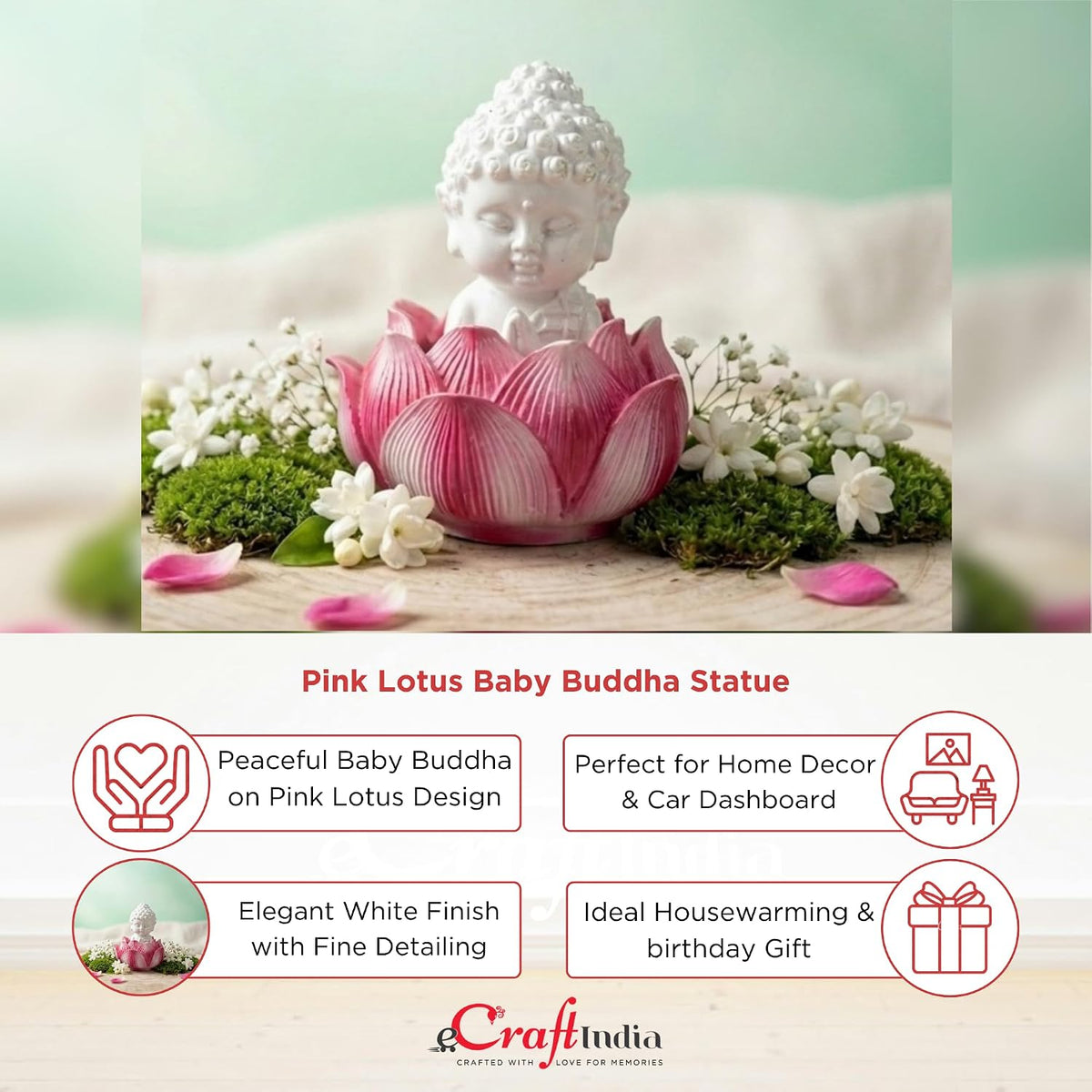 Pink Lotus Baby Buddha Statue Showpiece for Home Décor | Living Room, Bedroom, Office & Car Dashboard