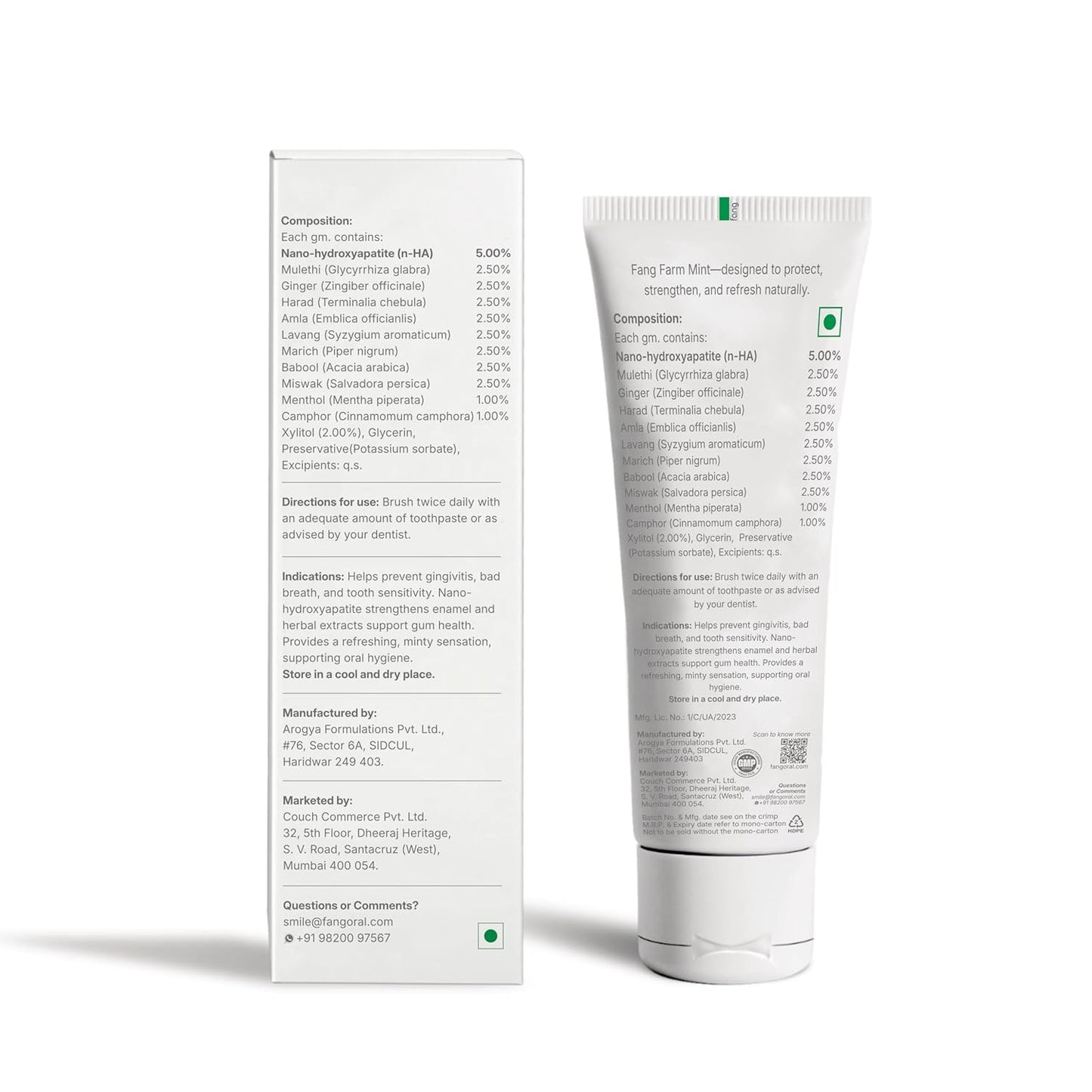 Fang Farm Mint Natural Toothpaste|Fluoride Free Hydroxyapatite|Teeth Whitening|Heals Sensitive Teeth|Fights Cavities,Gum Diseases & Bad Breath|SLS & Chemical Free|Organic, Vegan|120 grams