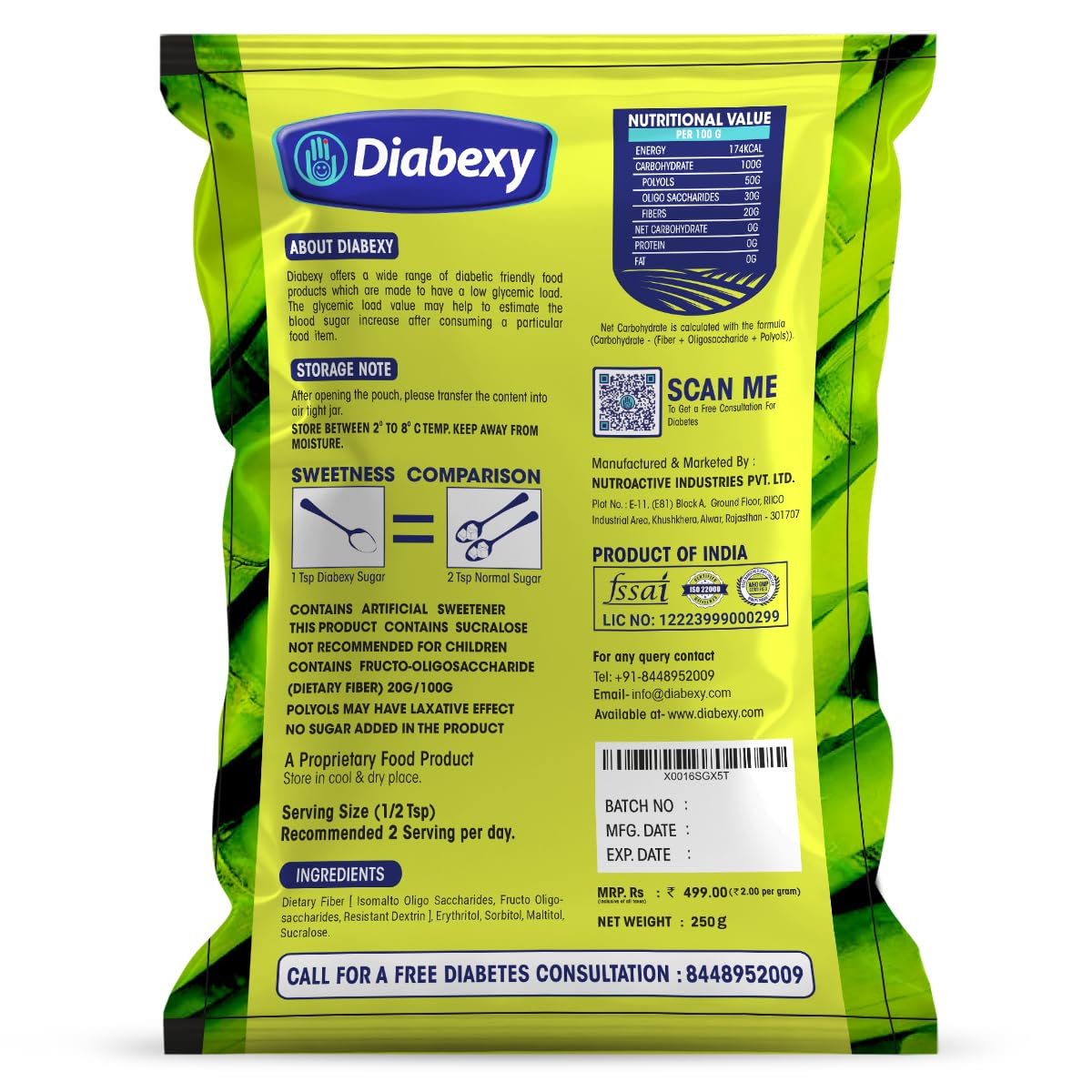 Diabexy Sugar Free Sweetener/Sugar | Sugarfree Powder | No Maltodextrin | No Dextrose- 250g