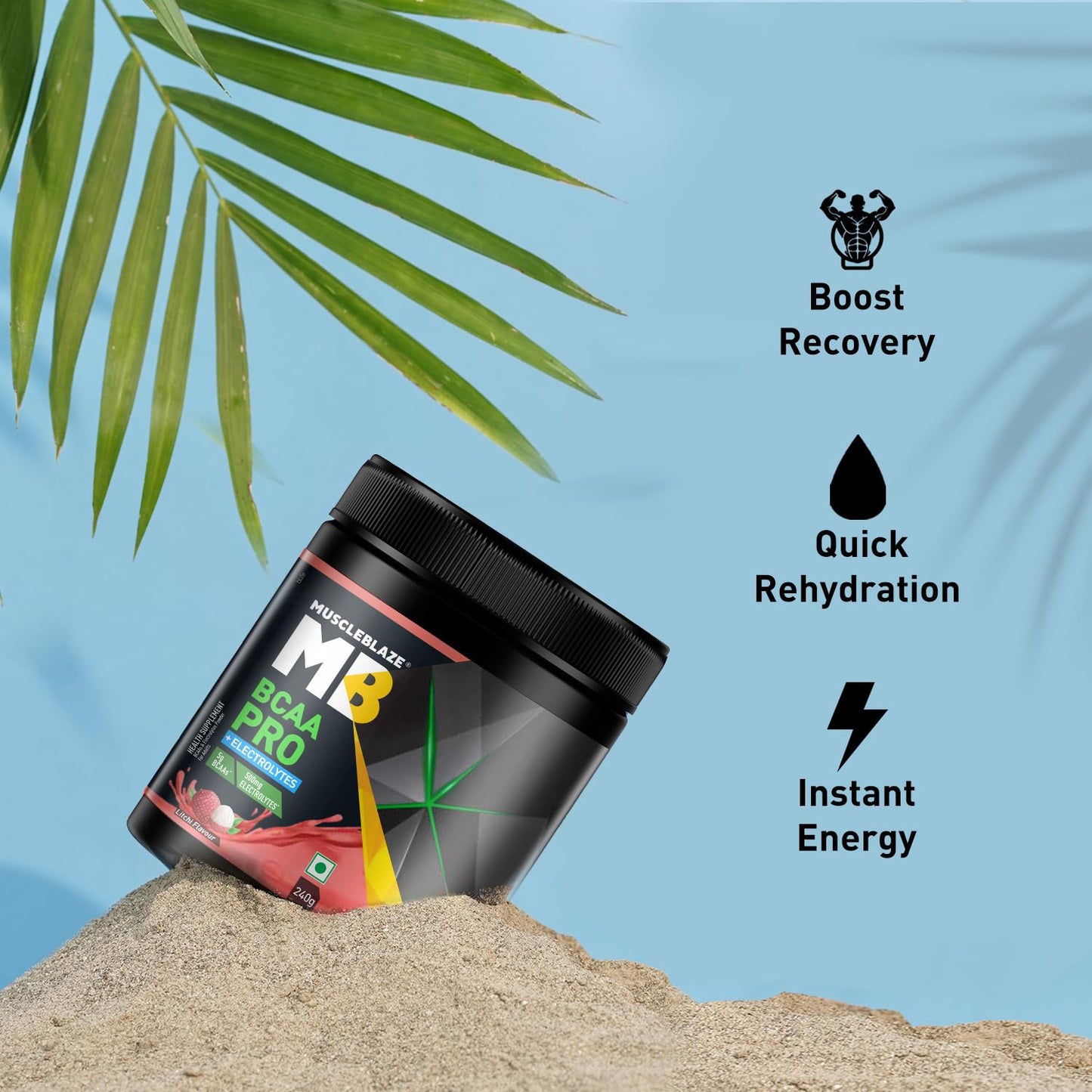 MuscleBlaze BCAA Pro Powder, Powerful Intra Workout (Litchi, 240g, 30 Servings) | With 5g BCAAs & 500mg Electrolytes