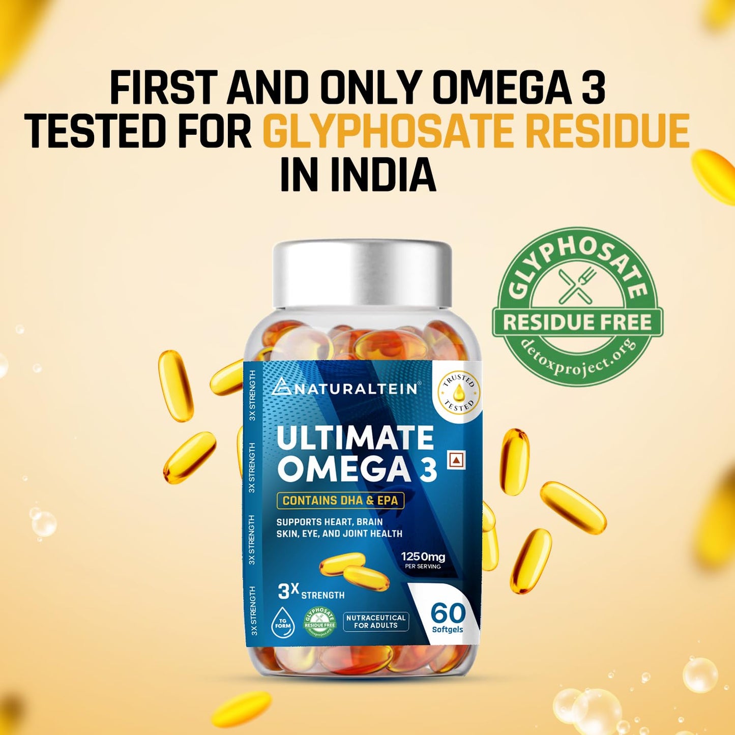 Bottle of Naturaltein Ultimate Omega 3 with yellow capsules on a beige background