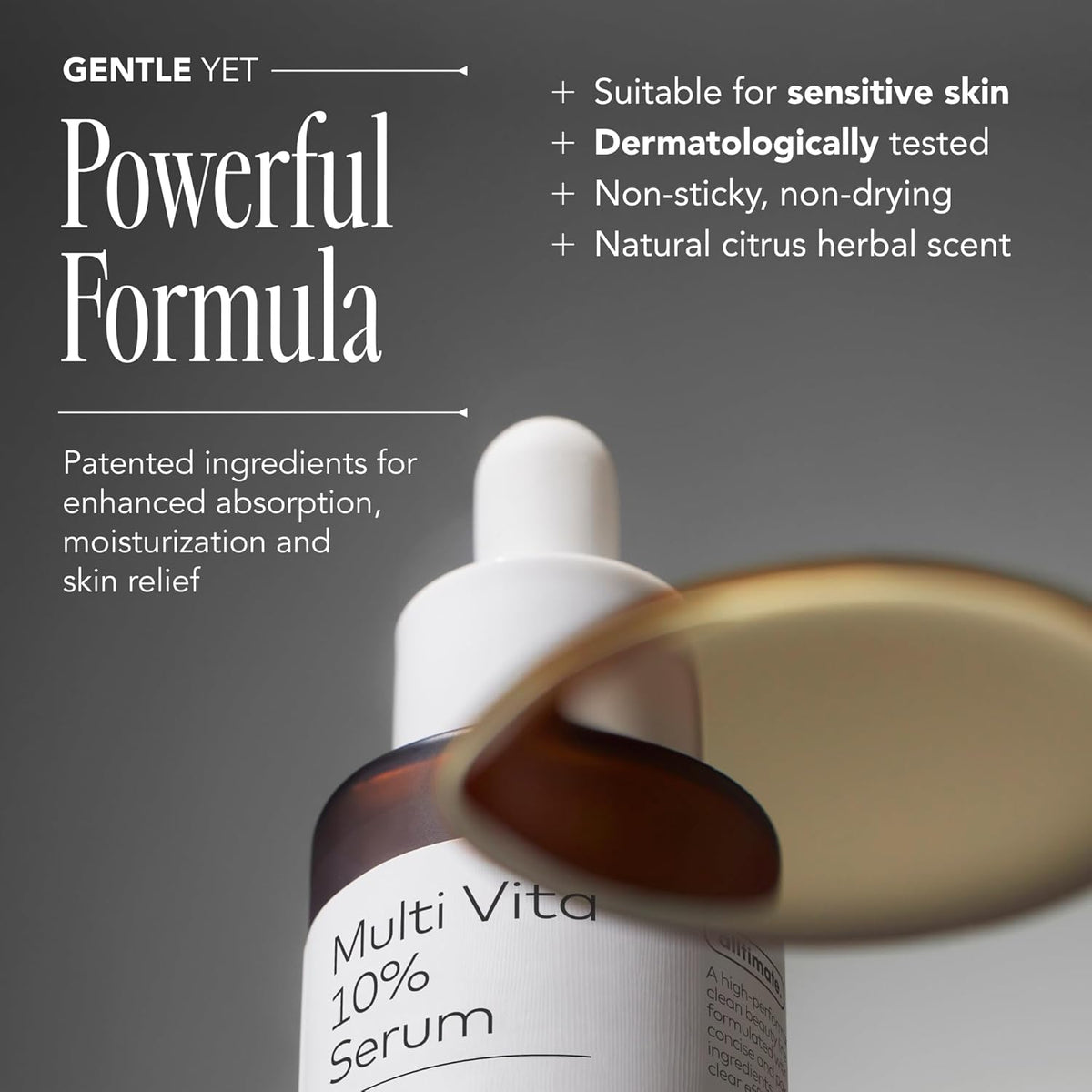 Multi Vita 10% Serum bottle with dropper on a gray background