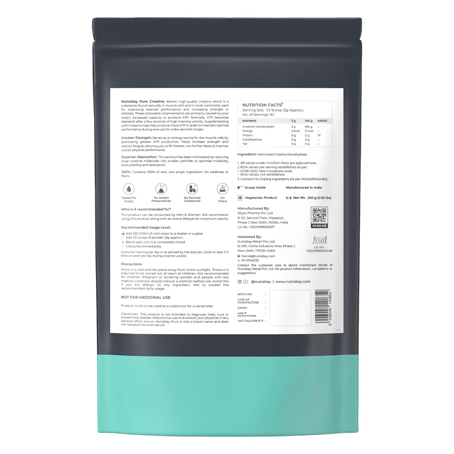 Nutrabay Pure Series Micronised Creatine Powder Monohydrate, Pre/Post Workout Bodybuilding, Crossfit Supplement, 250 g (Unflavoured)
