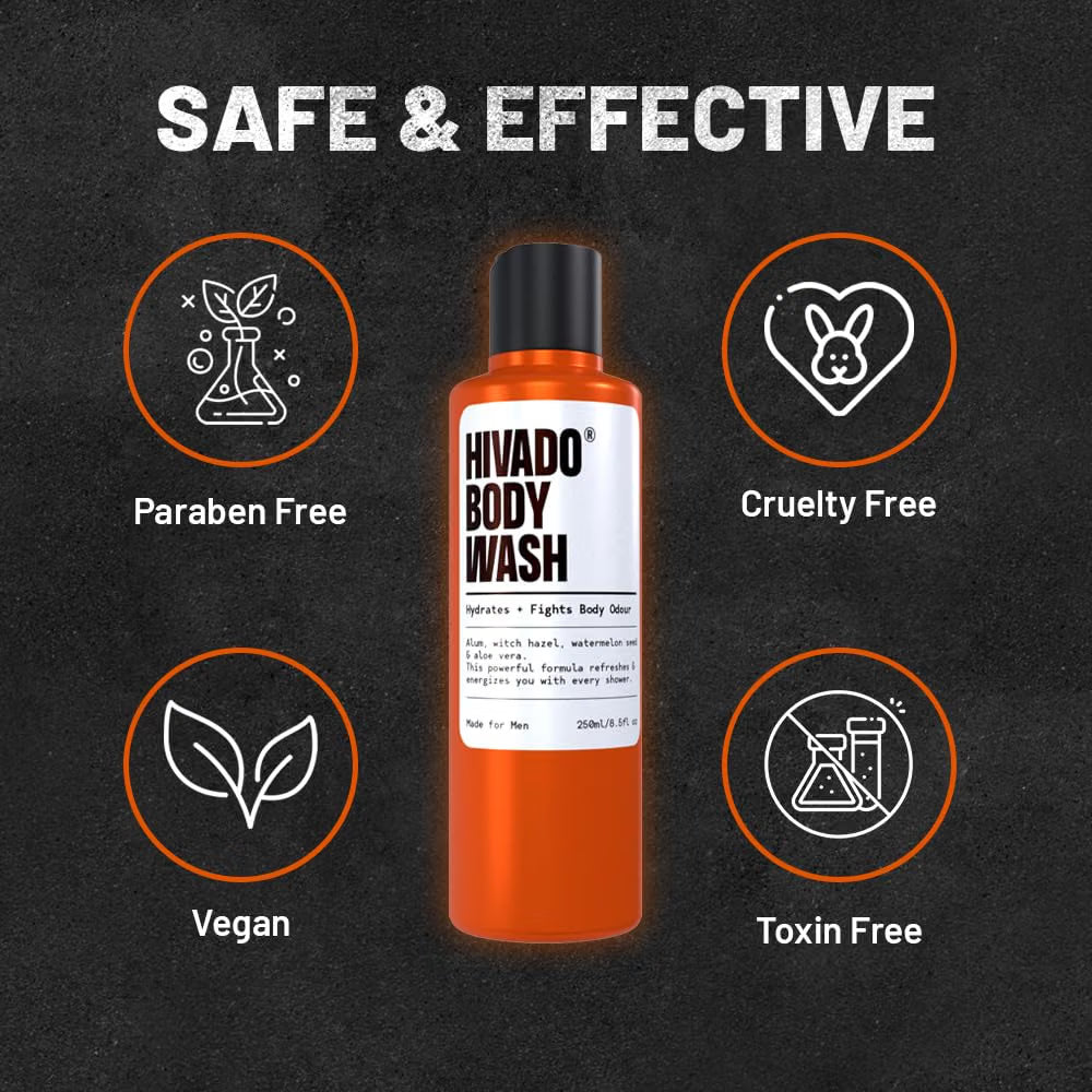 HIVADO Men’s Body Wash - 250ml | Deep Cleansing Shower Gel with Aloe Vera & Alum | De-Tan Formula | Odour Control & Sweat Protection | Sulfate-Free | Fresh Long-Lasting Fragrance