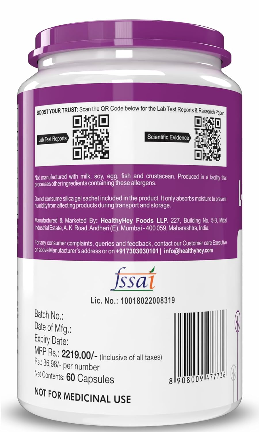 Supplement container with purple label and text on a white background