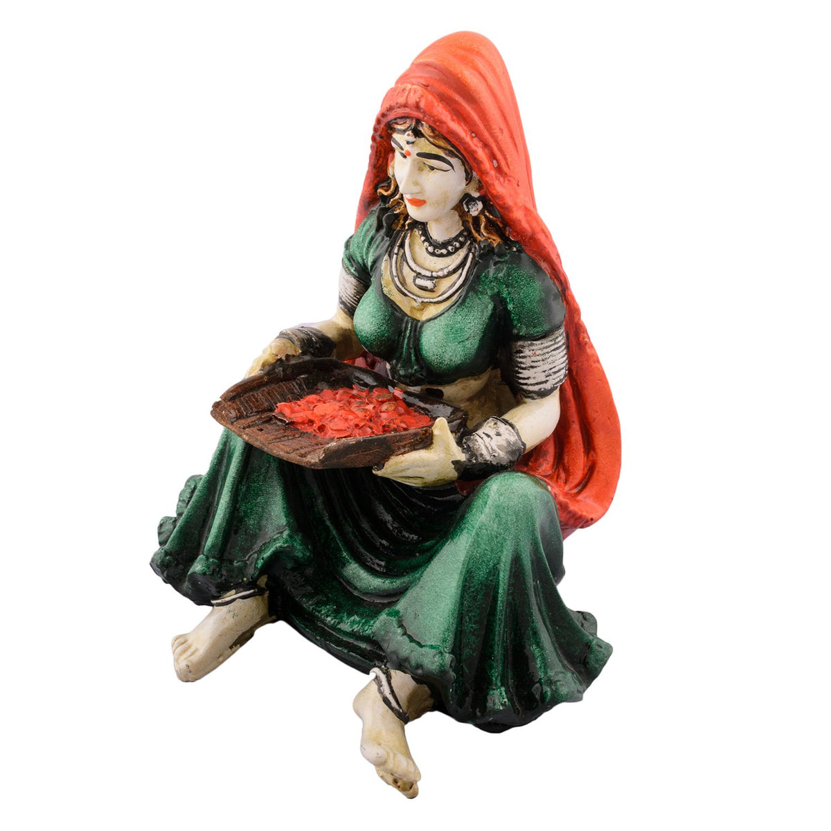 Rajasthani Lady Showpiece Polyresin Statue (12.5 cm x 11.25 cm x 15 cm, Green and Orange)