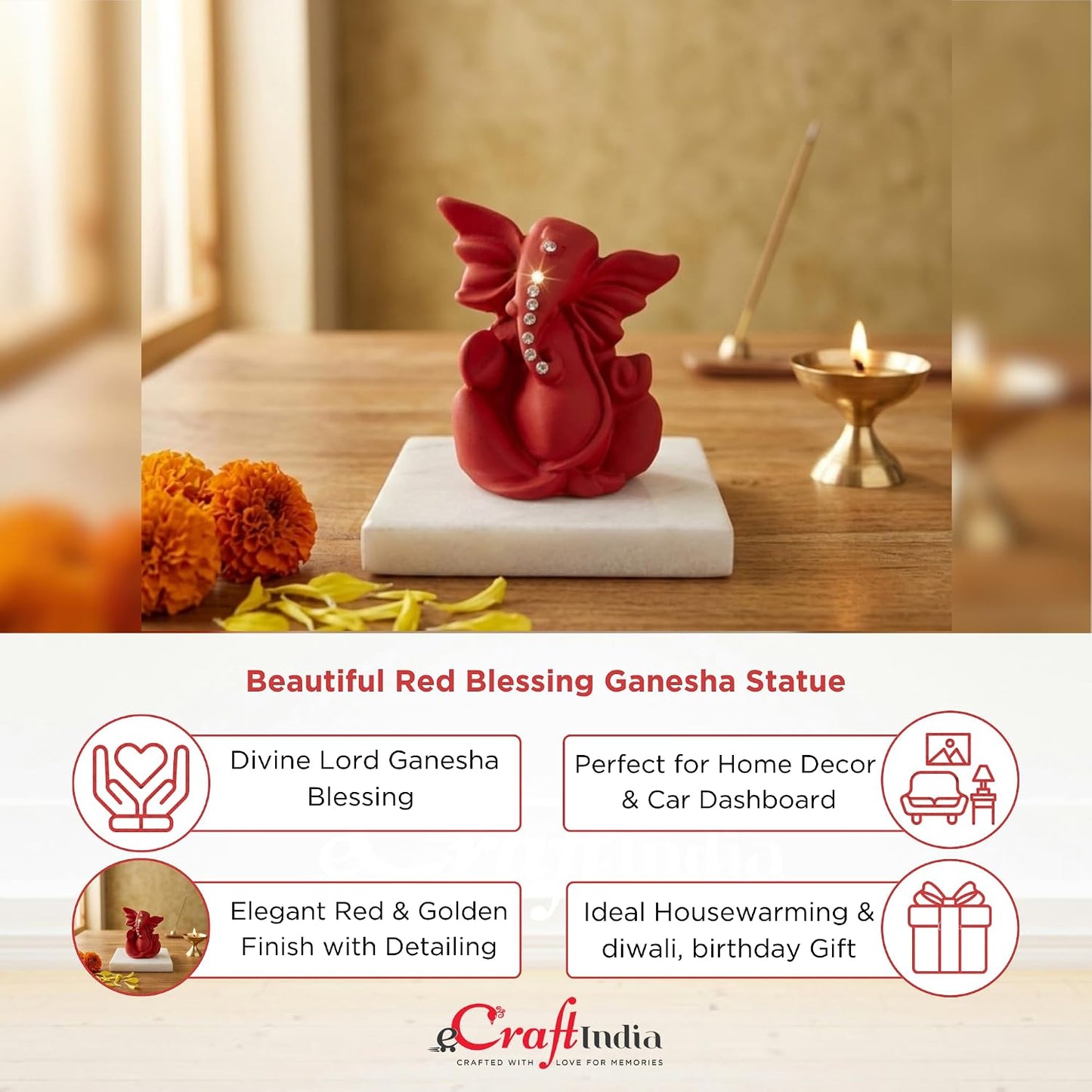 eCraftIndia Red Ganesha Statue | Lord Ganesha Idol for Home Decor Car Dashboard | Ganesh Ganpati Murti Gift for Diwali Housewarming Birthday