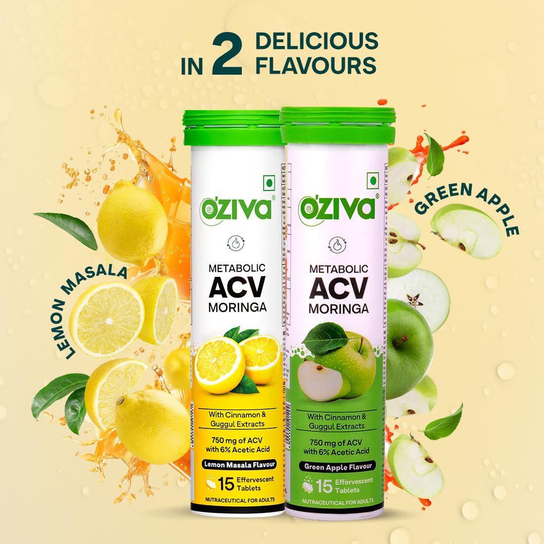 OZiva ACV Moringa | Control Cravings I Apple Cider Vinegar, Cinnamon I No Maltodextrin & No Added Sugar I 15 Effervescent Lemon Masala & Green Apple, Pack of 2 (30 Tablets)