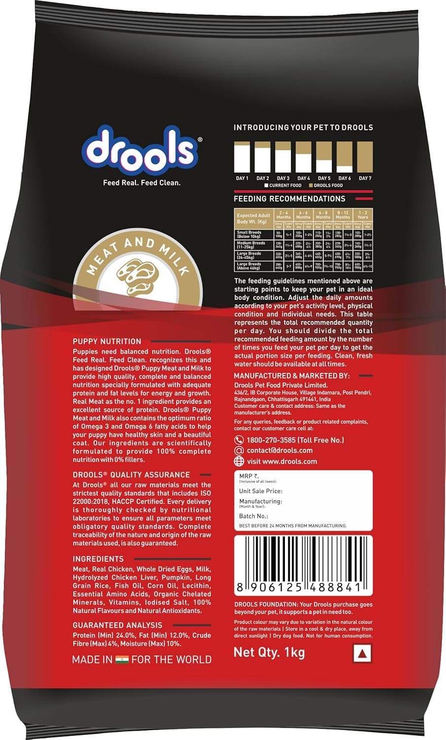 Drools Puppy Dry Dog Food 1kg | Meat and Milk Flavour | Supports Healthy Brain Development and Cognitive Function | Antioxidants | Chelated Minerals | Better Bioavailability of Minerals
