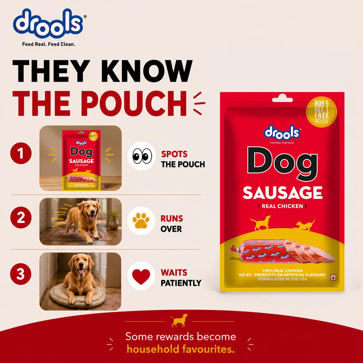 Drools Puppy & Adult Dog Sausage 360g (5+1 Free) | Chicken Flavour | Supports Brain & Vision Development | Promotes Muscle Growth | Aids Digestion & Overall Wellness
