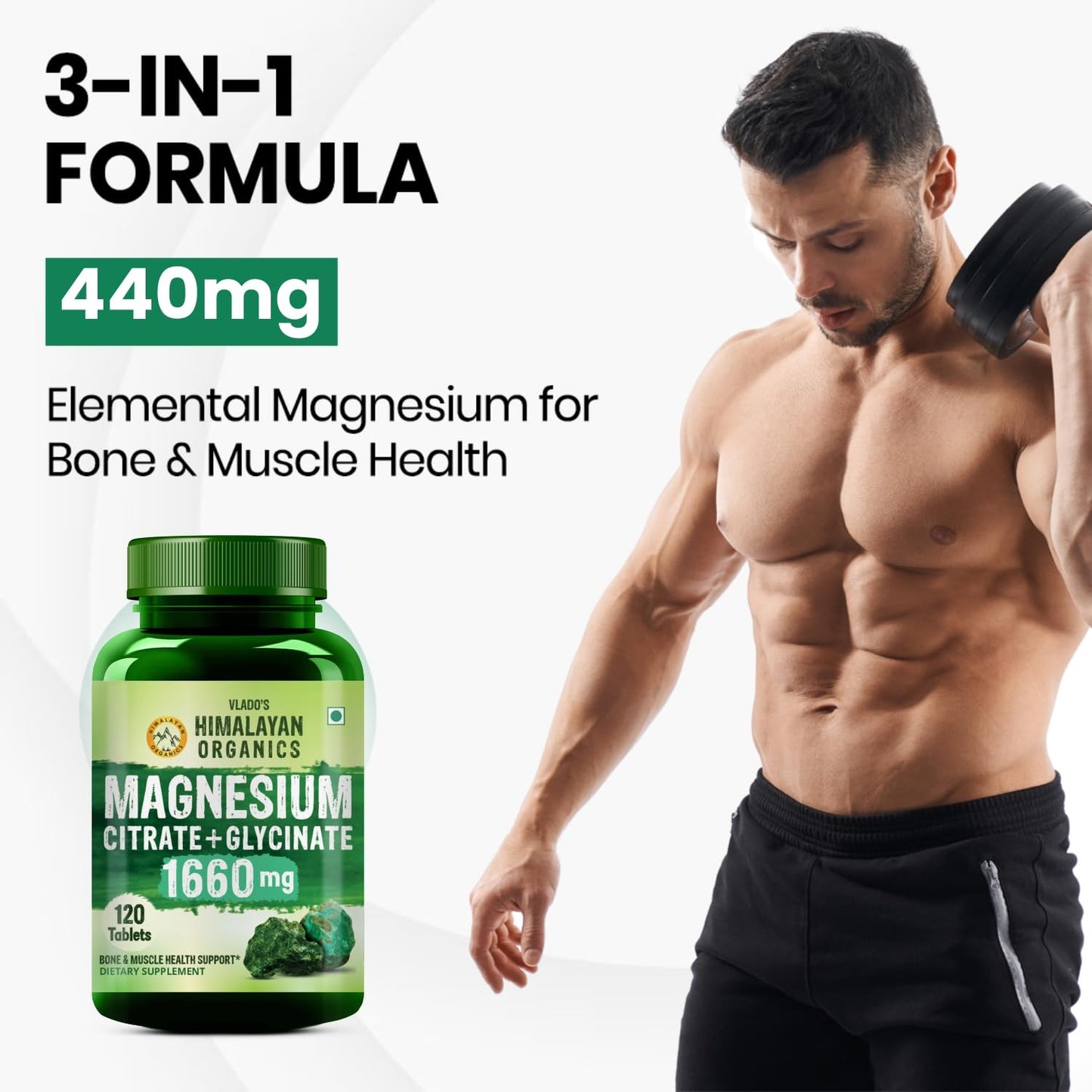 Vlado’s Himalayan Organics Magnesium Citrate + Glycinate + Oxide Complex 1660 mg - Triple Magnesium Complex Supplement For Men And Women | Boost Heart, Nerve & Muscle Health | Good For Strong Bones | Clinically Proven - 120 Vegetarian Tablets