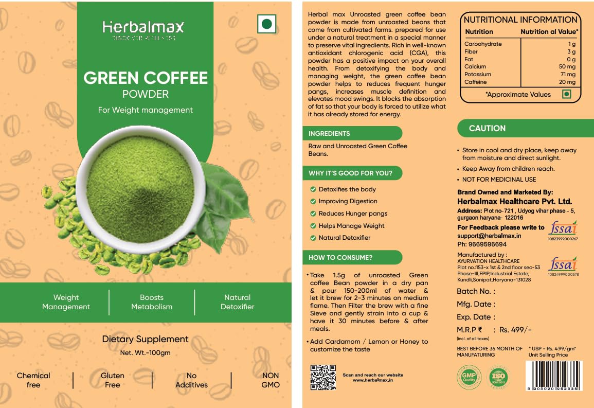 Herbal Max Green Coffee Powder | Natural Weight Management & Energy Support | Organic, All-Natural Supplement for Digestion, Metabolism & Daily Wellness | 100 g