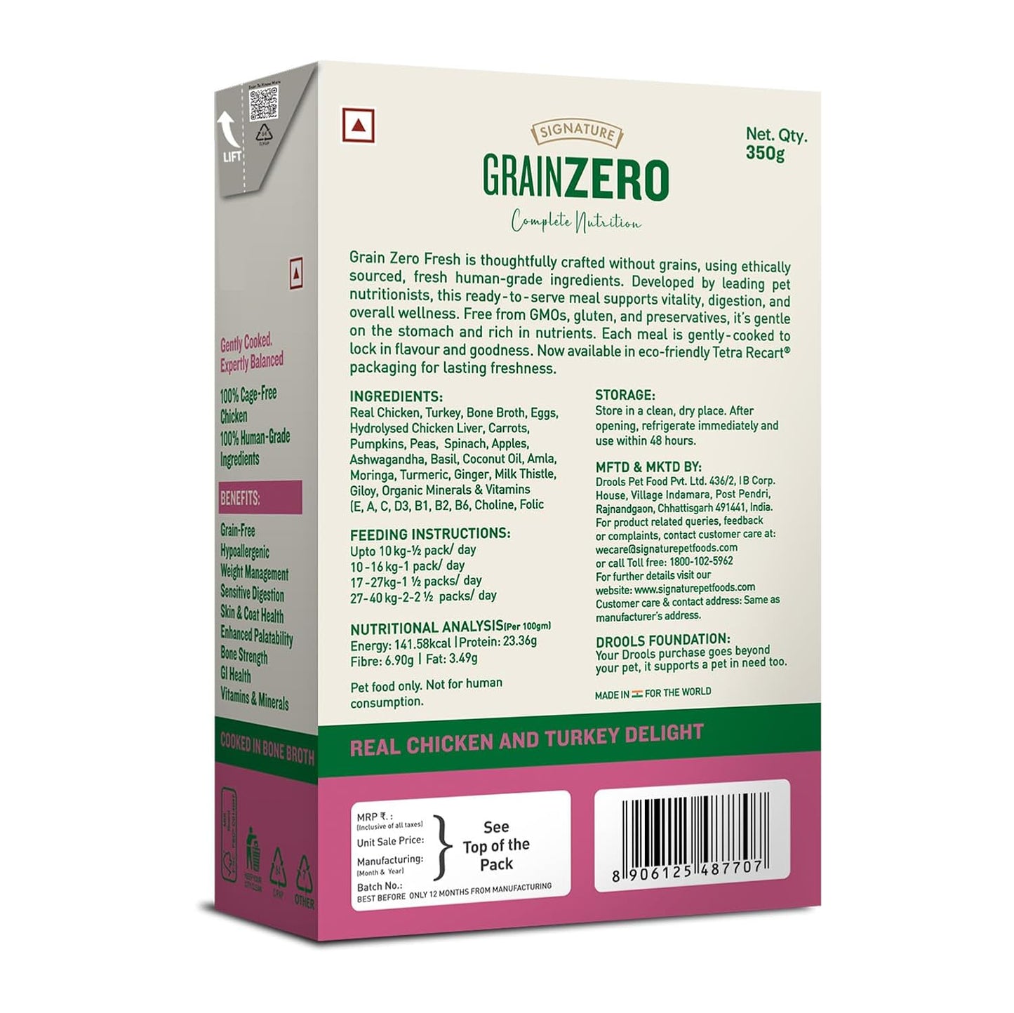 Grain Zero Dog Fresh Food Tetra Pak Real Chicken & Turkey Delight, for Adult & Puppy, 350g | Supports Joint & Health | Anti-Inflammatory Properties | Ready to Serve | One Pack One Meal