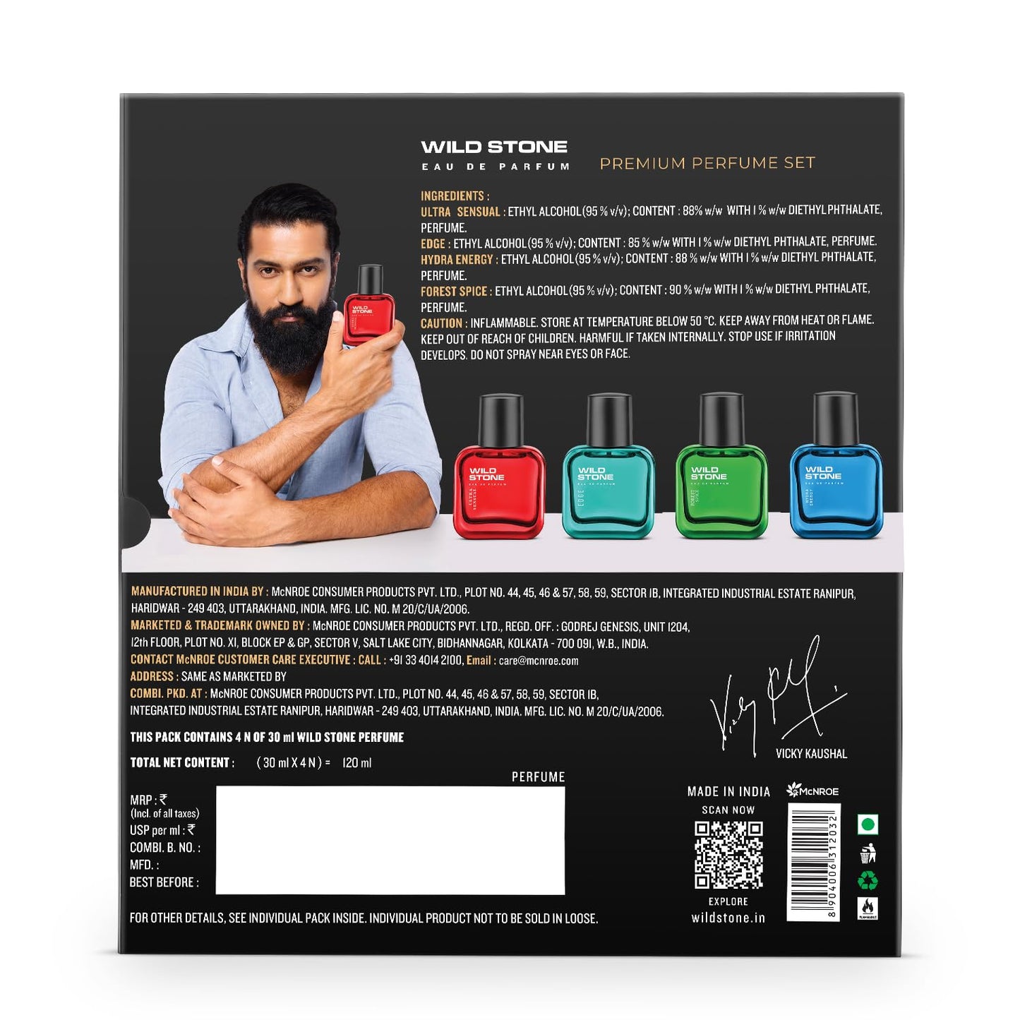 Back view of a Wild Stone perfume set packaging with a man holding a red bottle.
