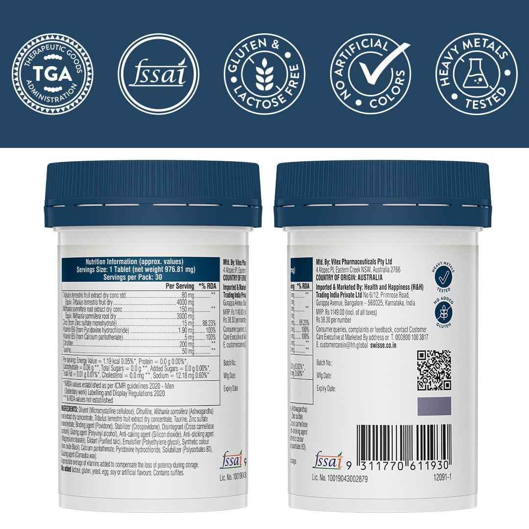 Zephivo Swisse Men’s Endurance Boost with 150mg Ashwagandha, 80mg Tribulus Terrestris (Gokshura) & Taurine for Performance Boost - Manufactured in Australia - Boosts Strength & Performance (30 Tablets)